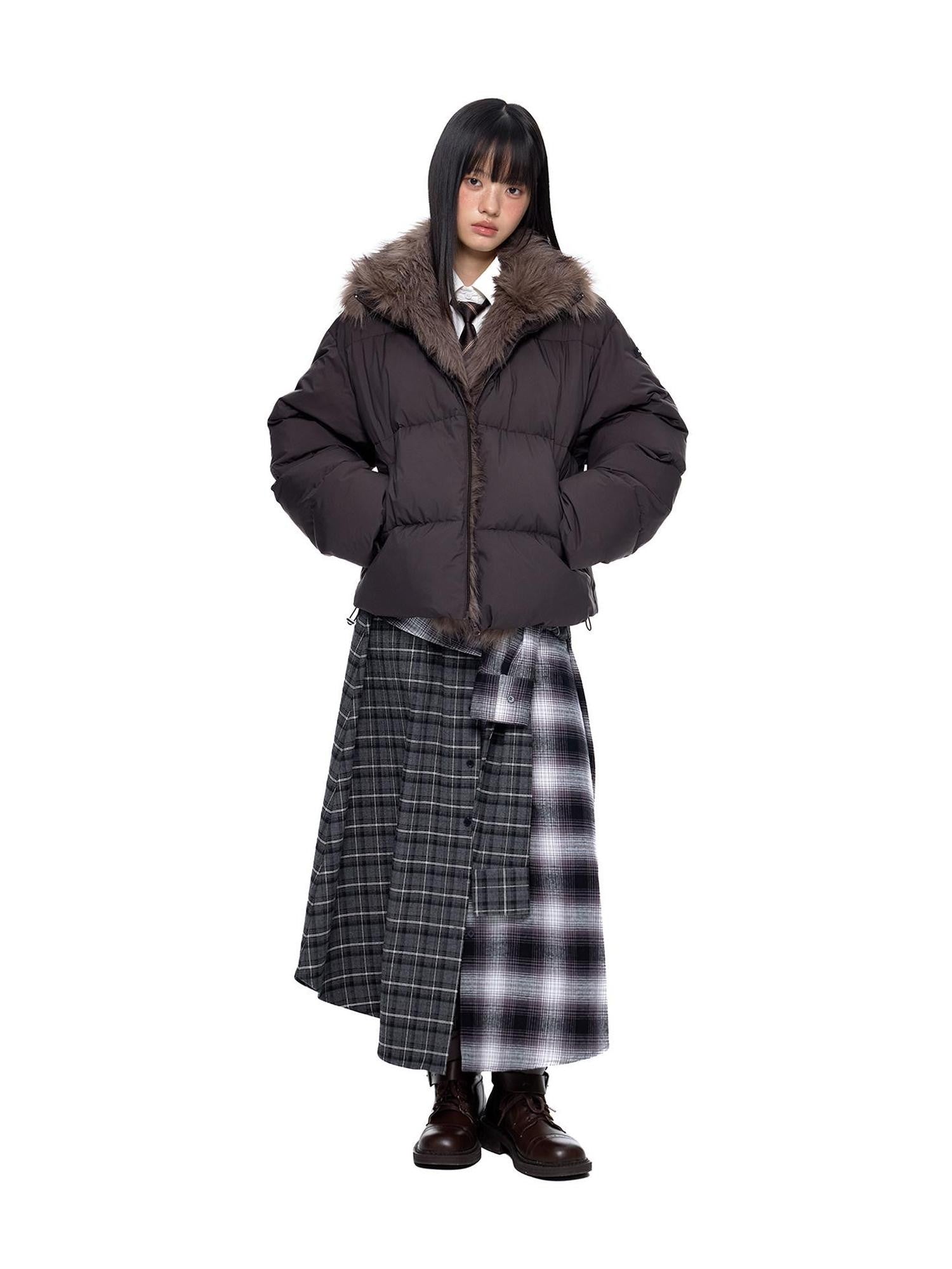 EZEK Gray Plaid Colorblock Patchwork Mid Waist Women's Cotton A-line Skirts