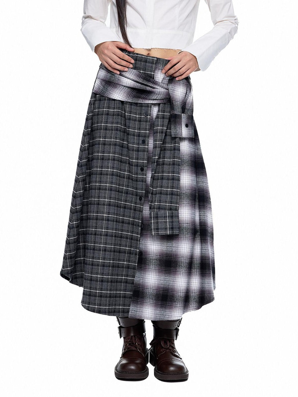 EZEK Gray Plaid Colorblock Patchwork Mid Waist Women's Cotton A-line Skirts