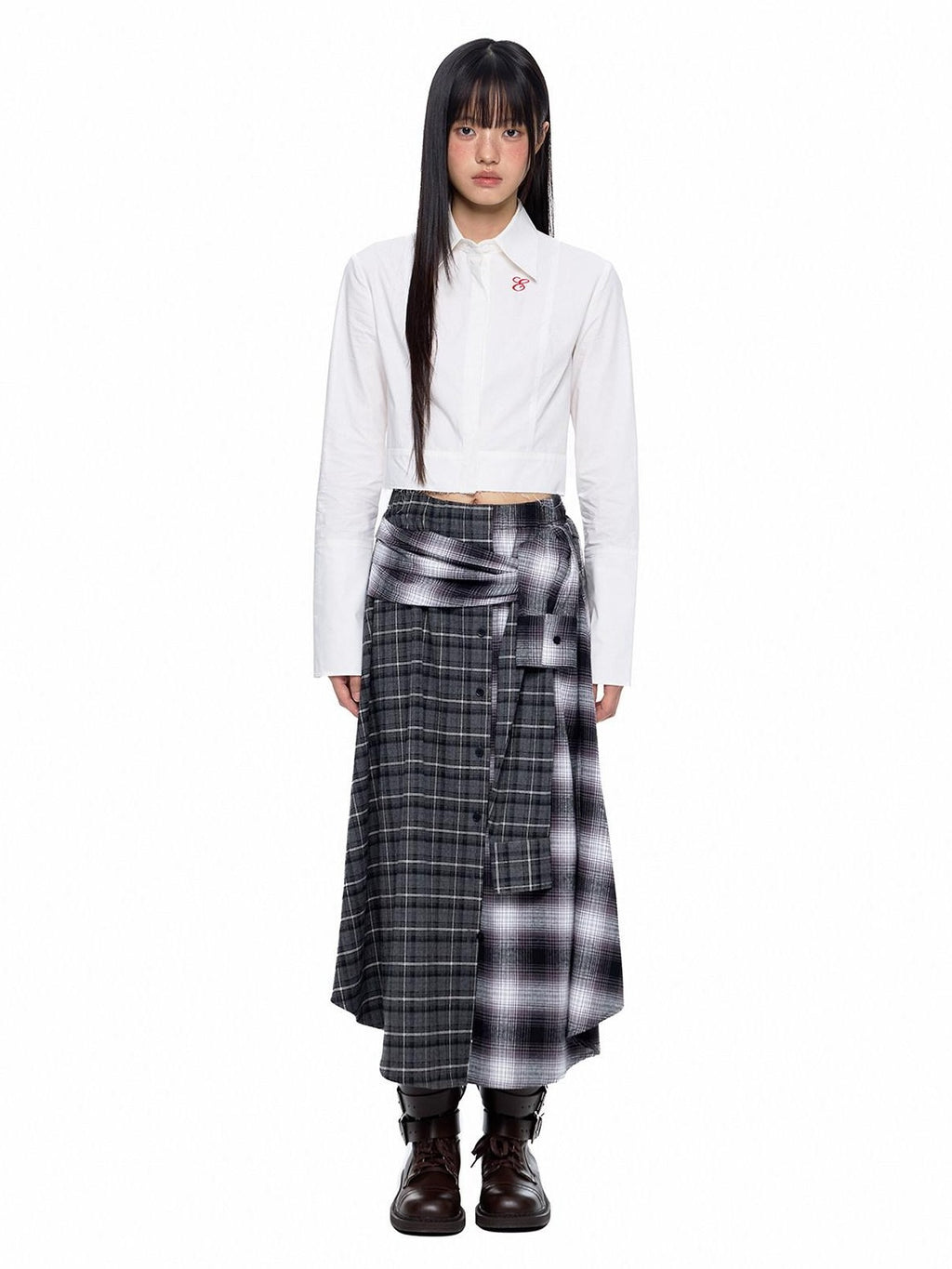 EZEK Gray Plaid Colorblock Patchwork Mid Waist Women's Cotton A-line Skirts