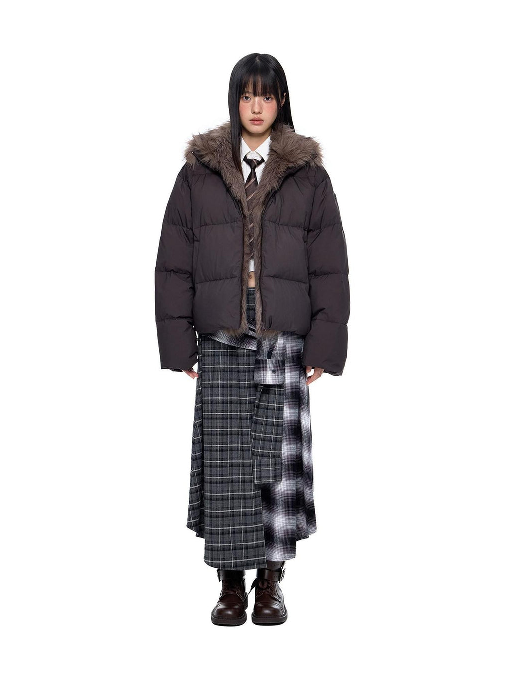 EZEK Gray Plaid Colorblock Patchwork Mid Waist Women's Cotton A-line Skirts