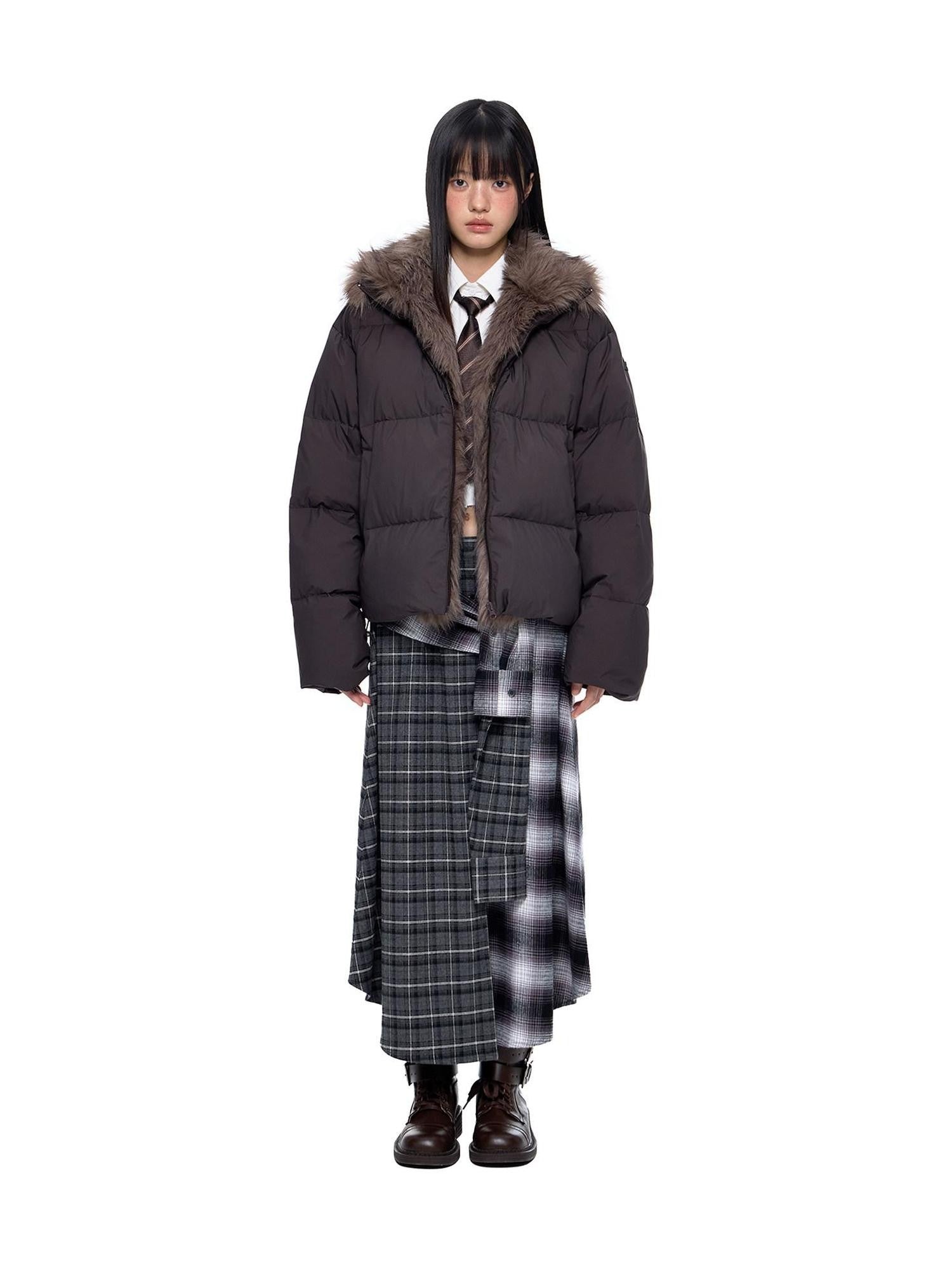 EZEK Gray Plaid Colorblock Patchwork Mid Waist Women's Cotton A-line Skirts