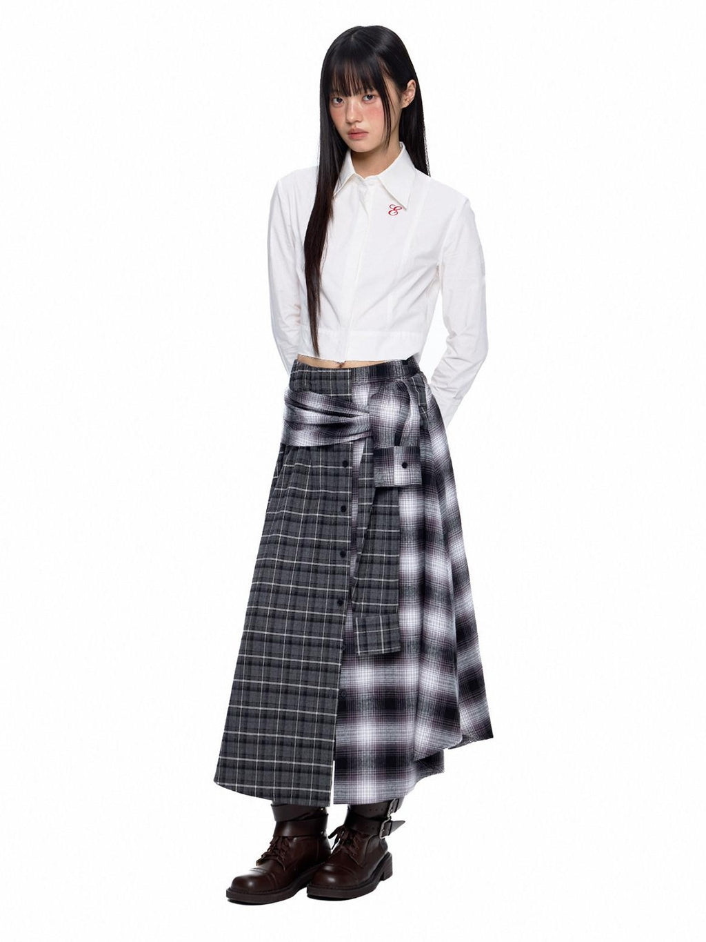 EZEK Gray Plaid Colorblock Patchwork Mid Waist Women's Cotton A-line Skirts