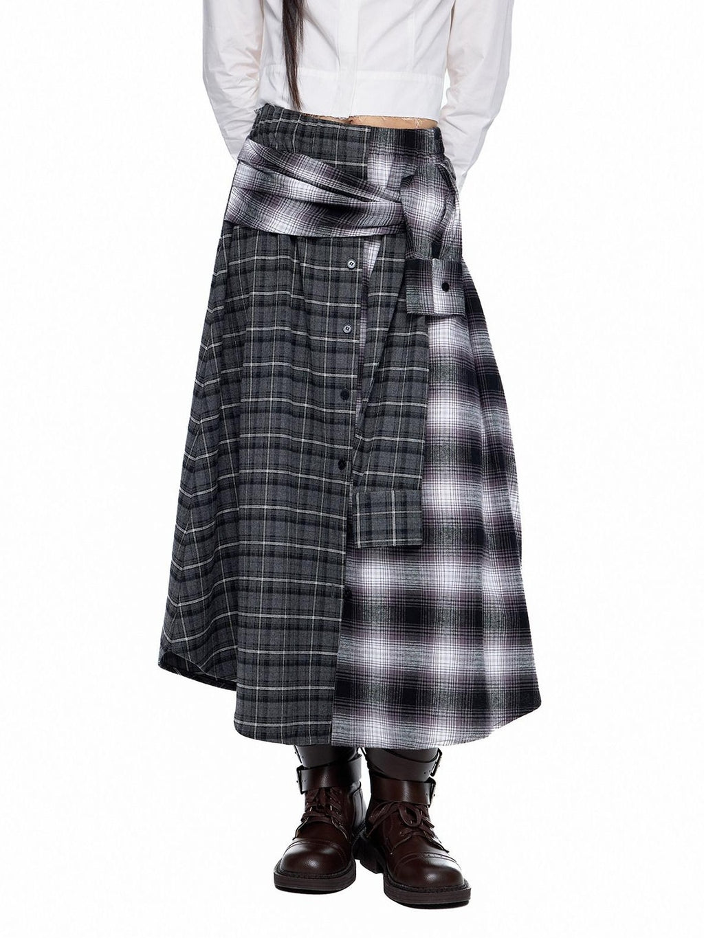 EZEK Gray Plaid Colorblock Patchwork Mid Waist Women's Cotton A-line Skirts
