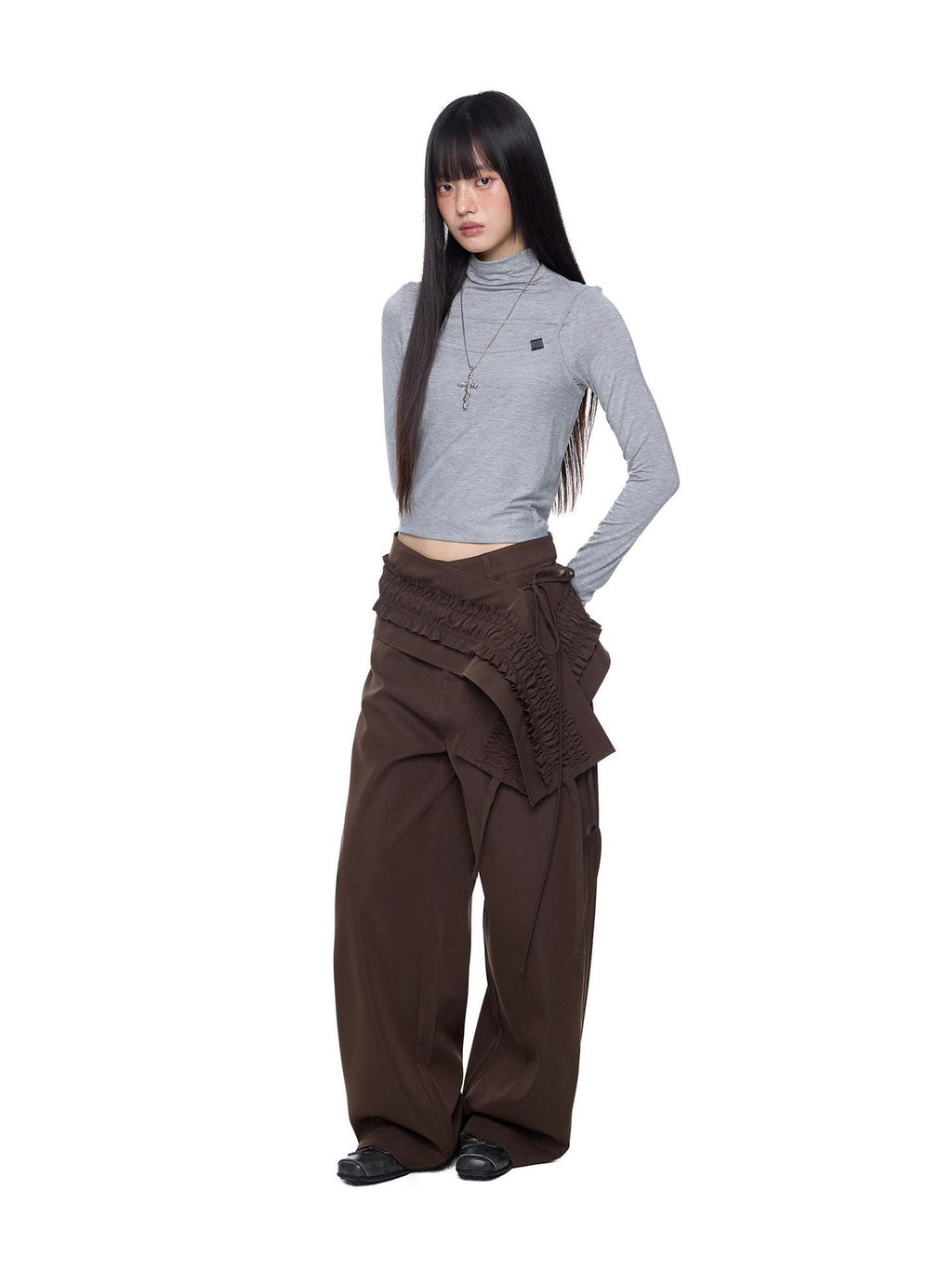 EZEK Gray Pleated Ruffle Pockets Two Piece Women's Polyester Wide-leg Pants