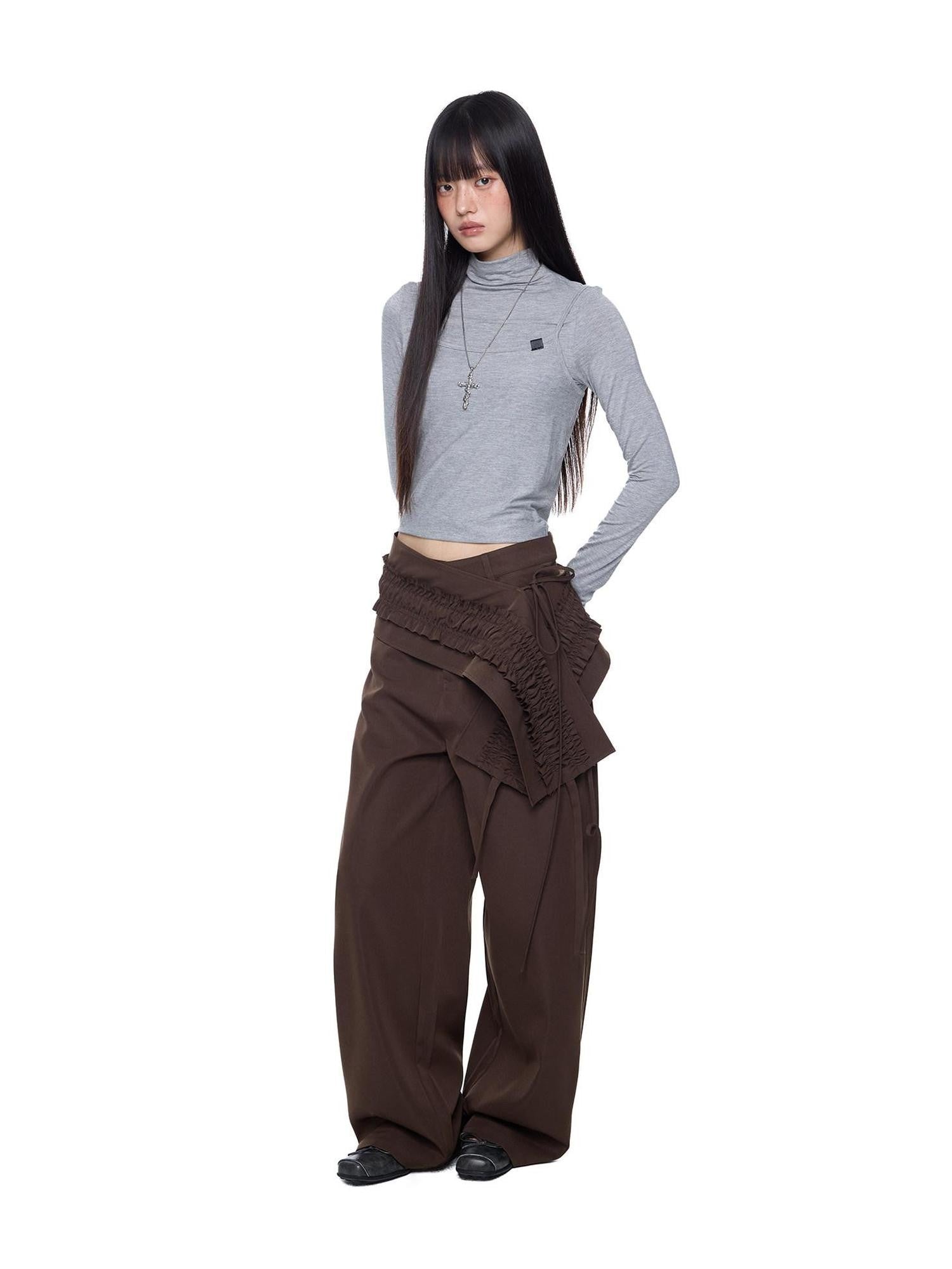 EZEK Gray Pleated Ruffle Pockets Two Piece Women's Polyester Wide-leg Pants