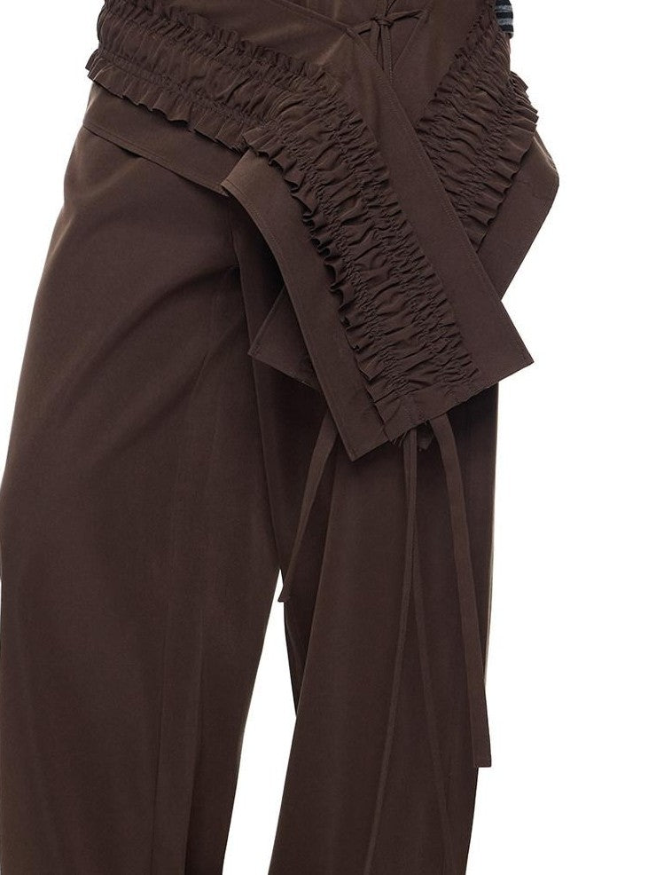 EZEK Gray Pleated Ruffle Pockets Two Piece Women's Polyester Wide-leg Pants