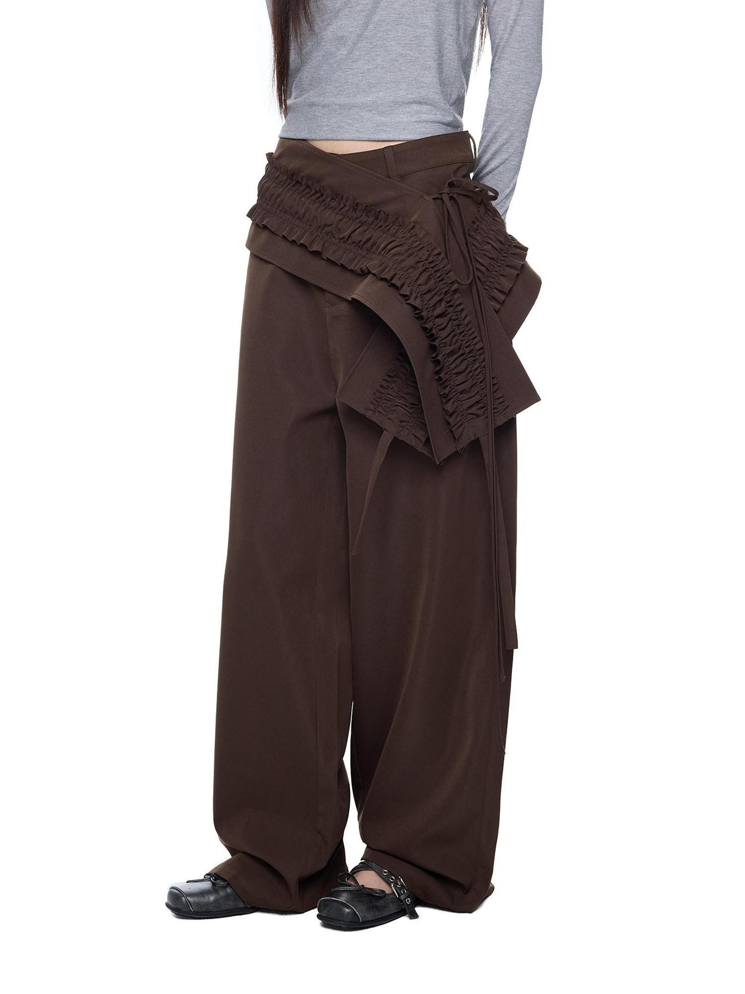 EZEK Gray Pleated Ruffle Pockets Two Piece Women's Polyester Wide-leg Pants