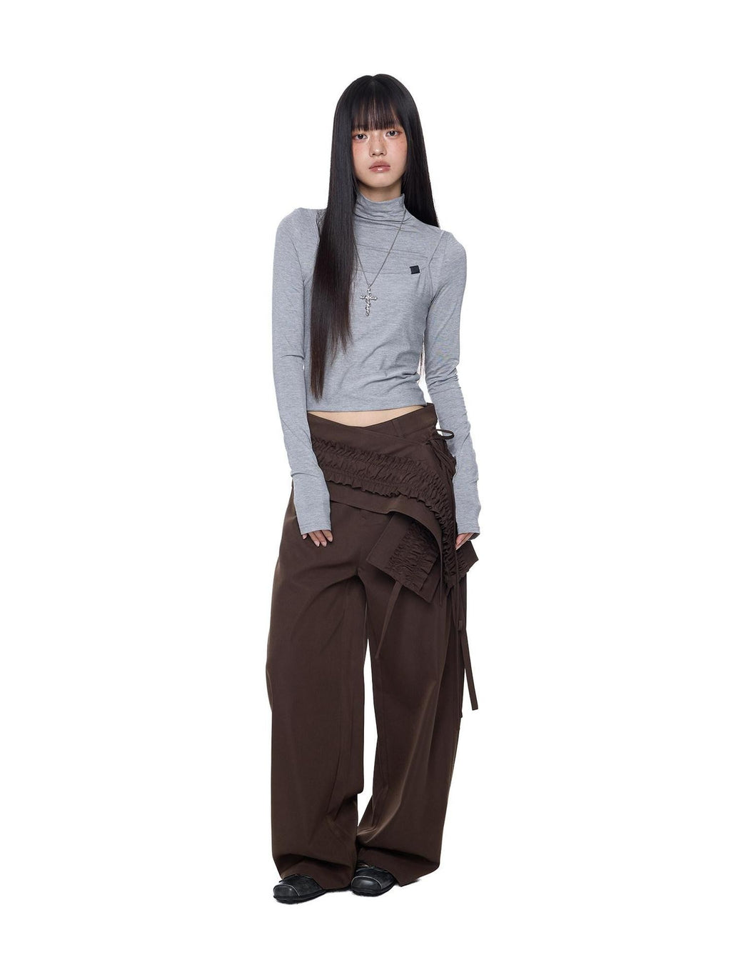 EZEK Gray Pleated Ruffle Pockets Two Piece Women's Polyester Wide-leg Pants