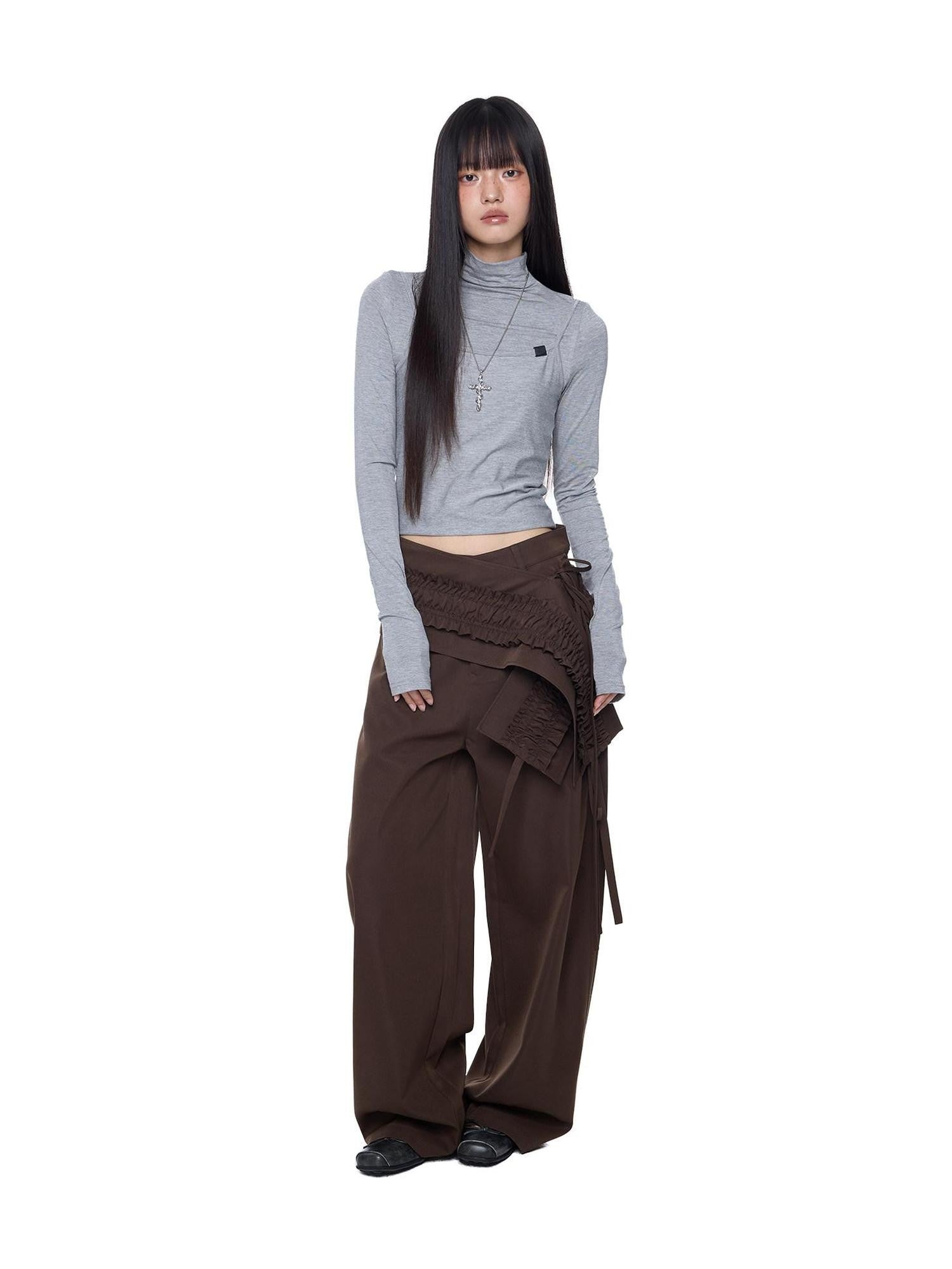 EZEK Gray Pleated Ruffle Pockets Two Piece Women's Polyester Wide-leg Pants