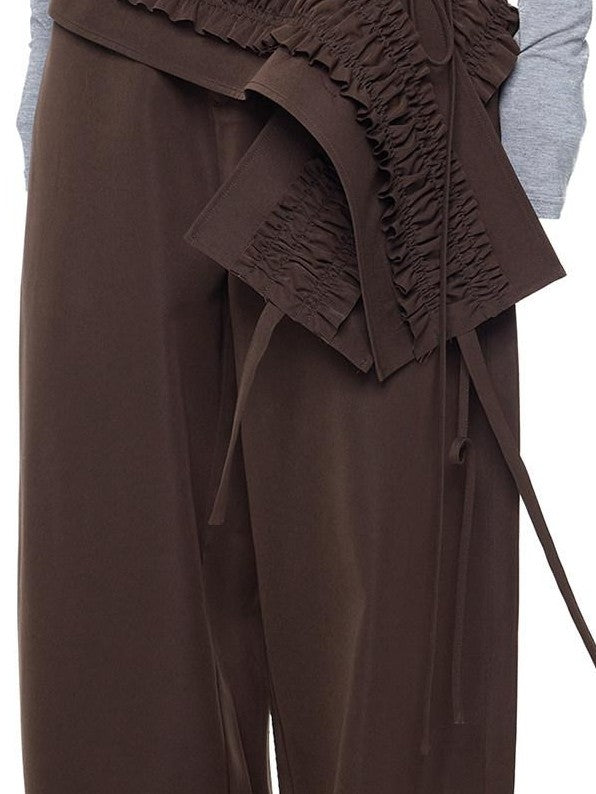 EZEK Gray Pleated Ruffle Pockets Two Piece Women's Polyester Wide-leg Pants