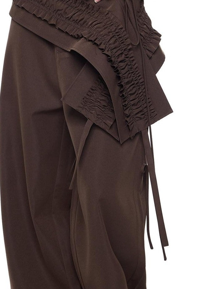 EZEK Gray Pleated Ruffle Pockets Two Piece Women's Polyester Wide-leg Pants