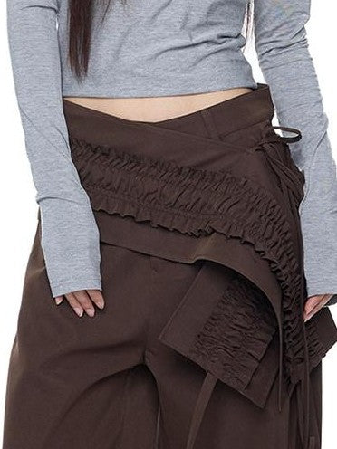 EZEK Gray Pleated Ruffle Pockets Two Piece Women's Polyester Wide-leg Pants