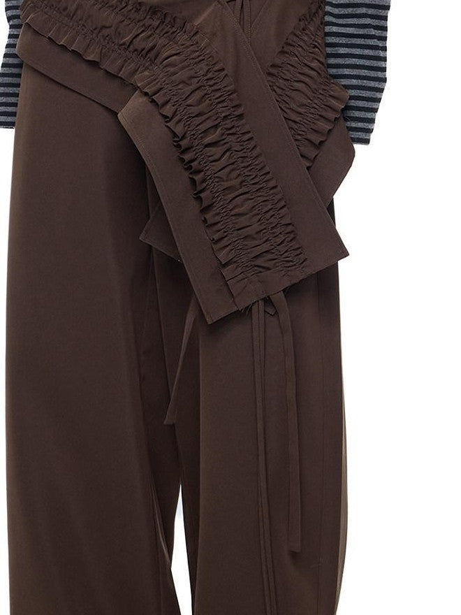 EZEK Gray Pleated Ruffle Pockets Two Piece Women's Polyester Wide-leg Pants