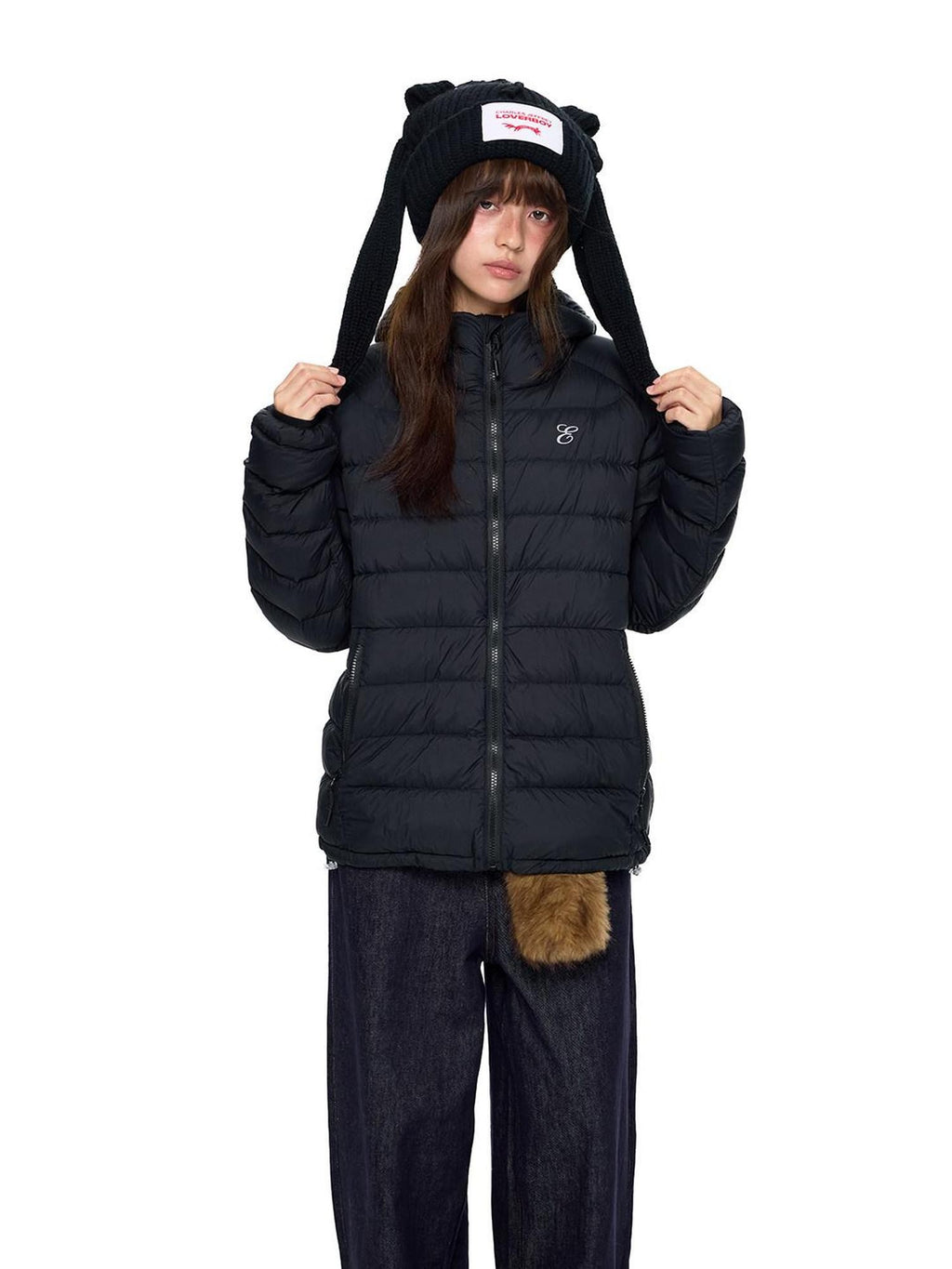 EZEK Gray Rib Print Hooded Loose Pockets Women's Nylon White Duck Down Jackets