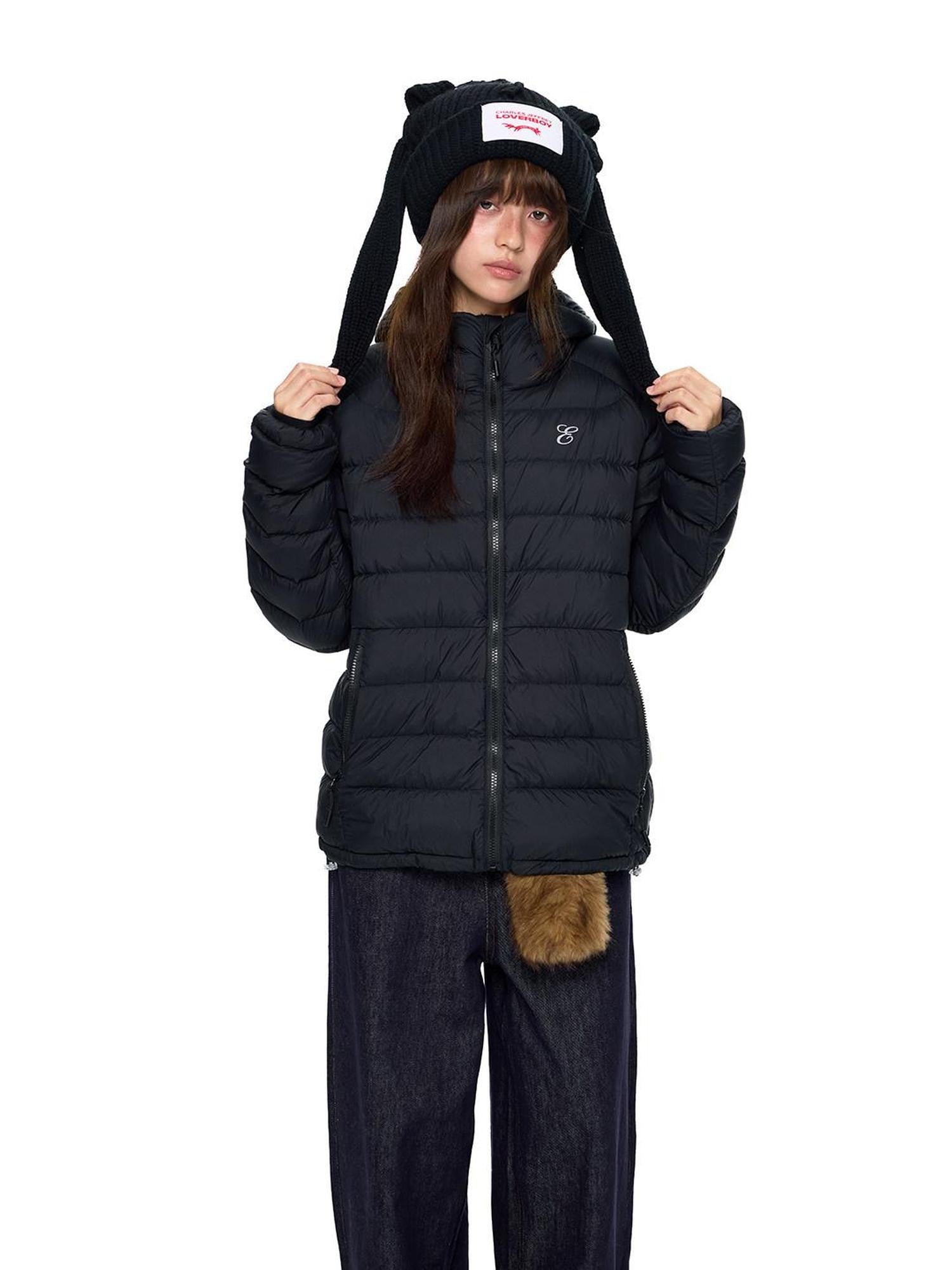 EZEK Gray Rib Print Hooded Loose Pockets Women's Nylon White Duck Down Jackets