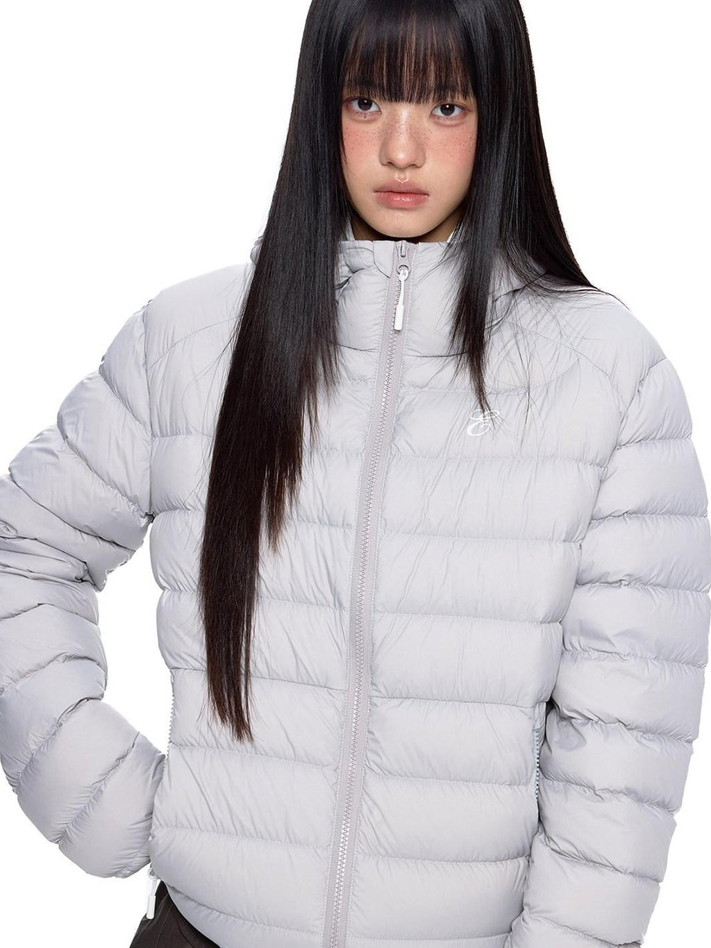 EZEK Gray Rib Print Hooded Loose Pockets Women's Nylon White Duck Down Jackets