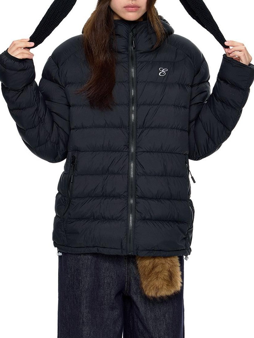 EZEK Gray Rib Print Hooded Loose Pockets Women's Nylon White Duck Down Jackets