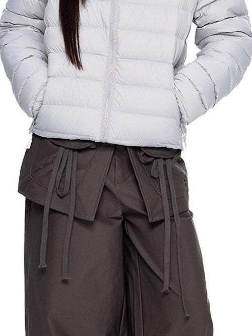 EZEK Gray Rib Print Hooded Loose Pockets Women's Nylon White Duck Down Jackets