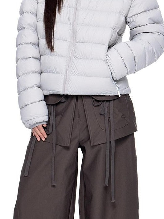 EZEK Gray Rib Print Hooded Loose Pockets Women's Nylon White Duck Down Jackets