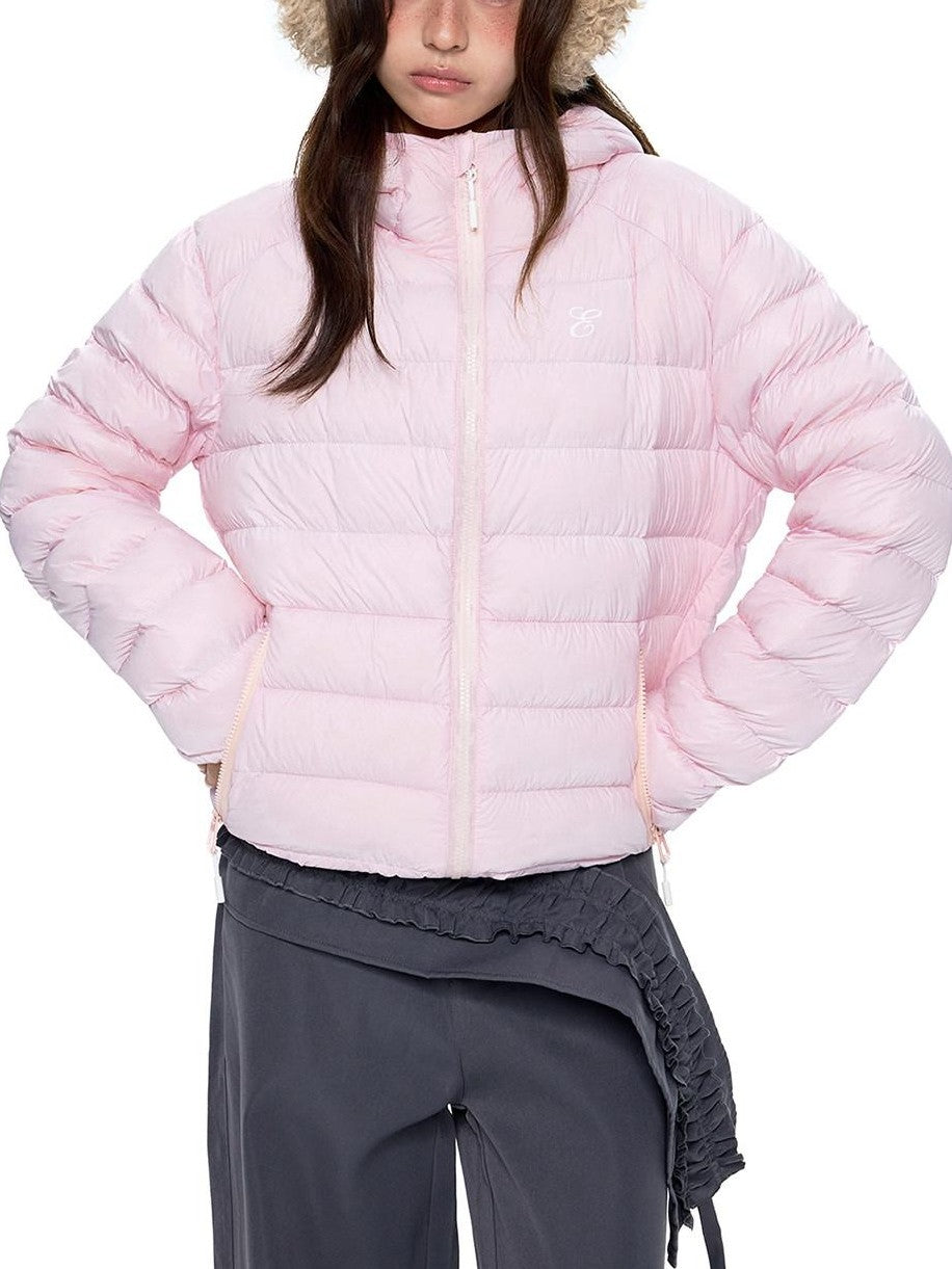 EZEK Gray Rib Print Hooded Loose Pockets Women's Nylon White Duck Down Jackets