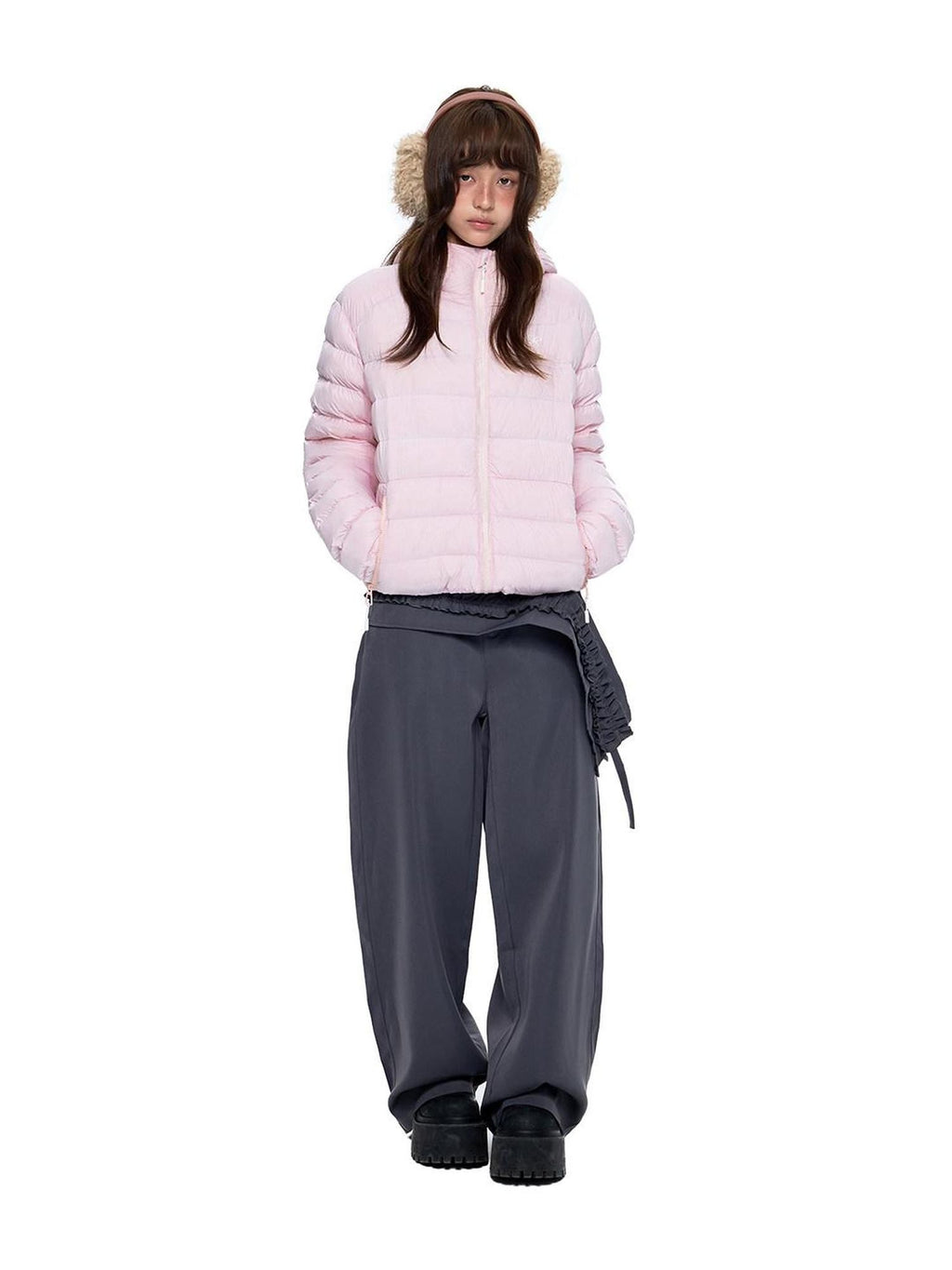 EZEK Gray Rib Print Hooded Loose Pockets Women's Nylon White Duck Down Jackets