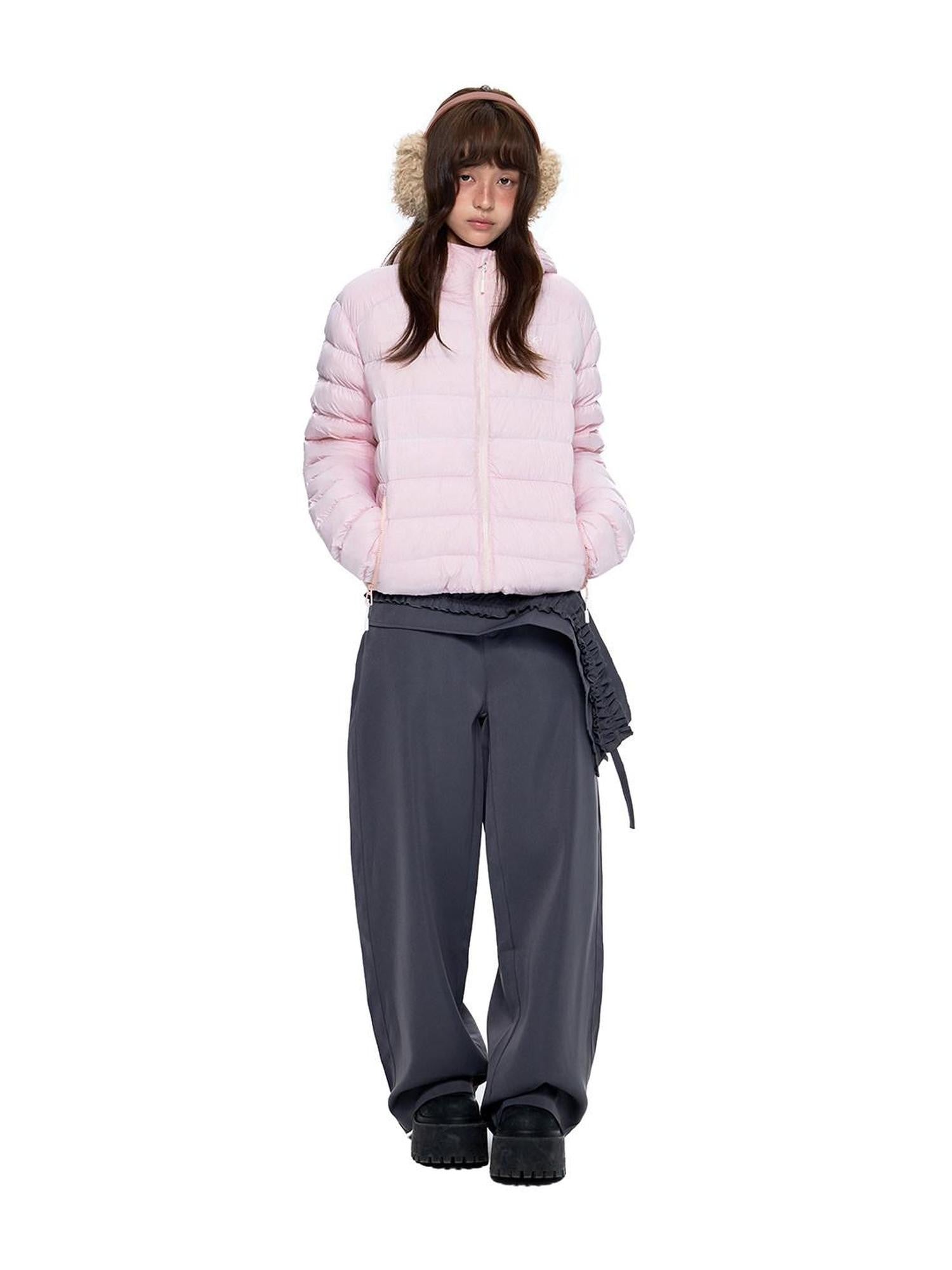 EZEK Gray Rib Print Hooded Loose Pockets Women's Nylon White Duck Down Jackets