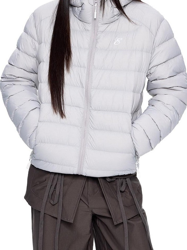 EZEK Gray Rib Print Hooded Loose Pockets Women's Nylon White Duck Down Jackets
