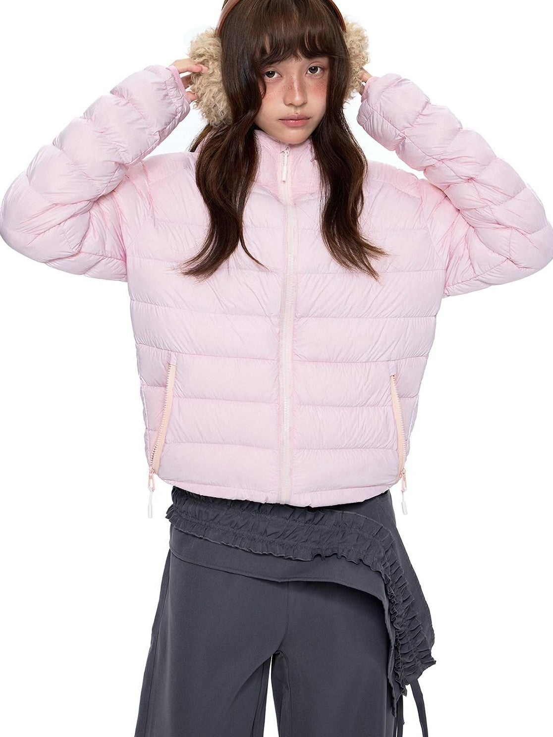 EZEK Gray Rib Print Hooded Loose Pockets Women's Nylon White Duck Down Jackets