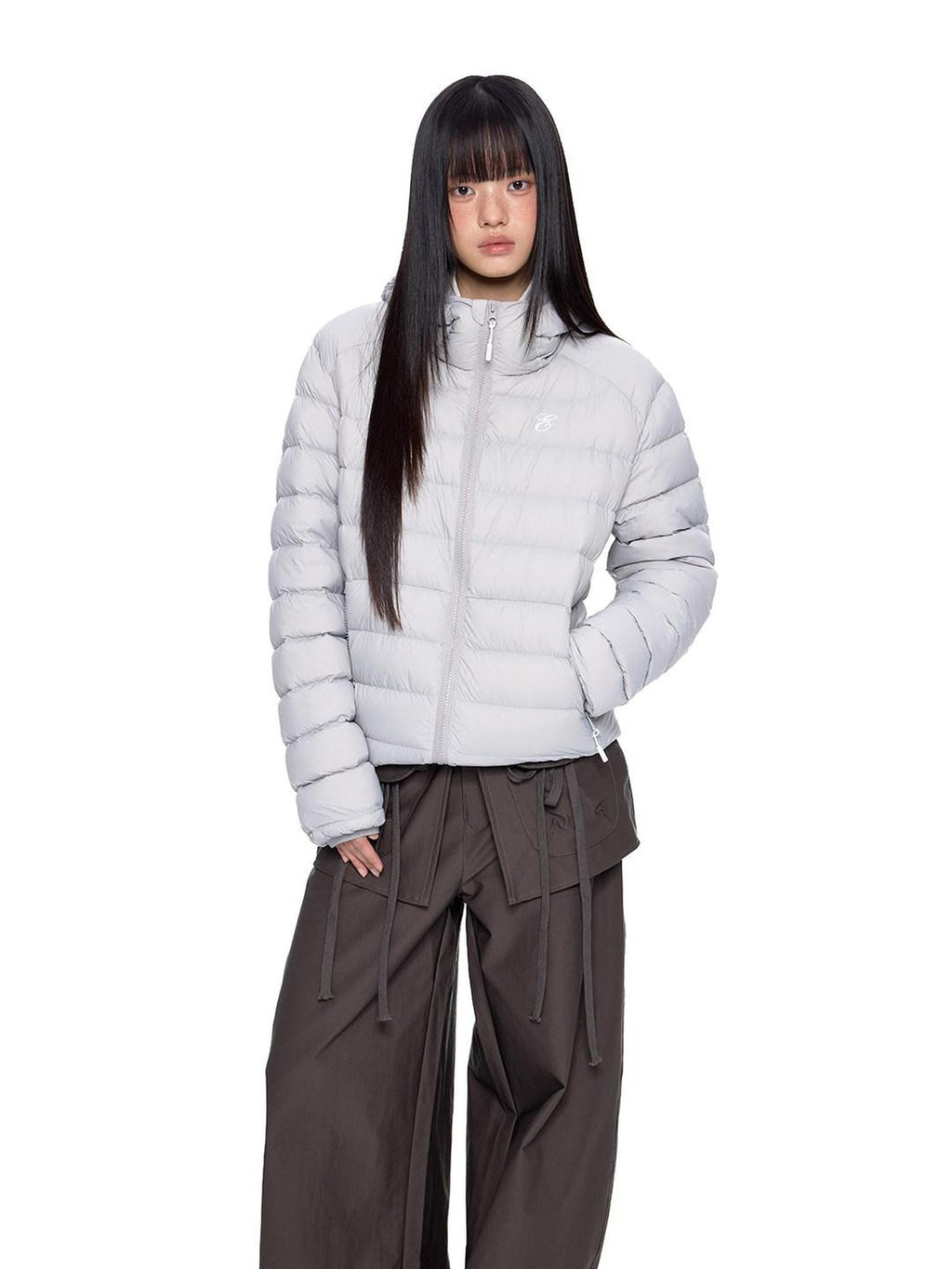 EZEK Gray Rib Print Hooded Loose Pockets Women's Nylon White Duck Down Jackets