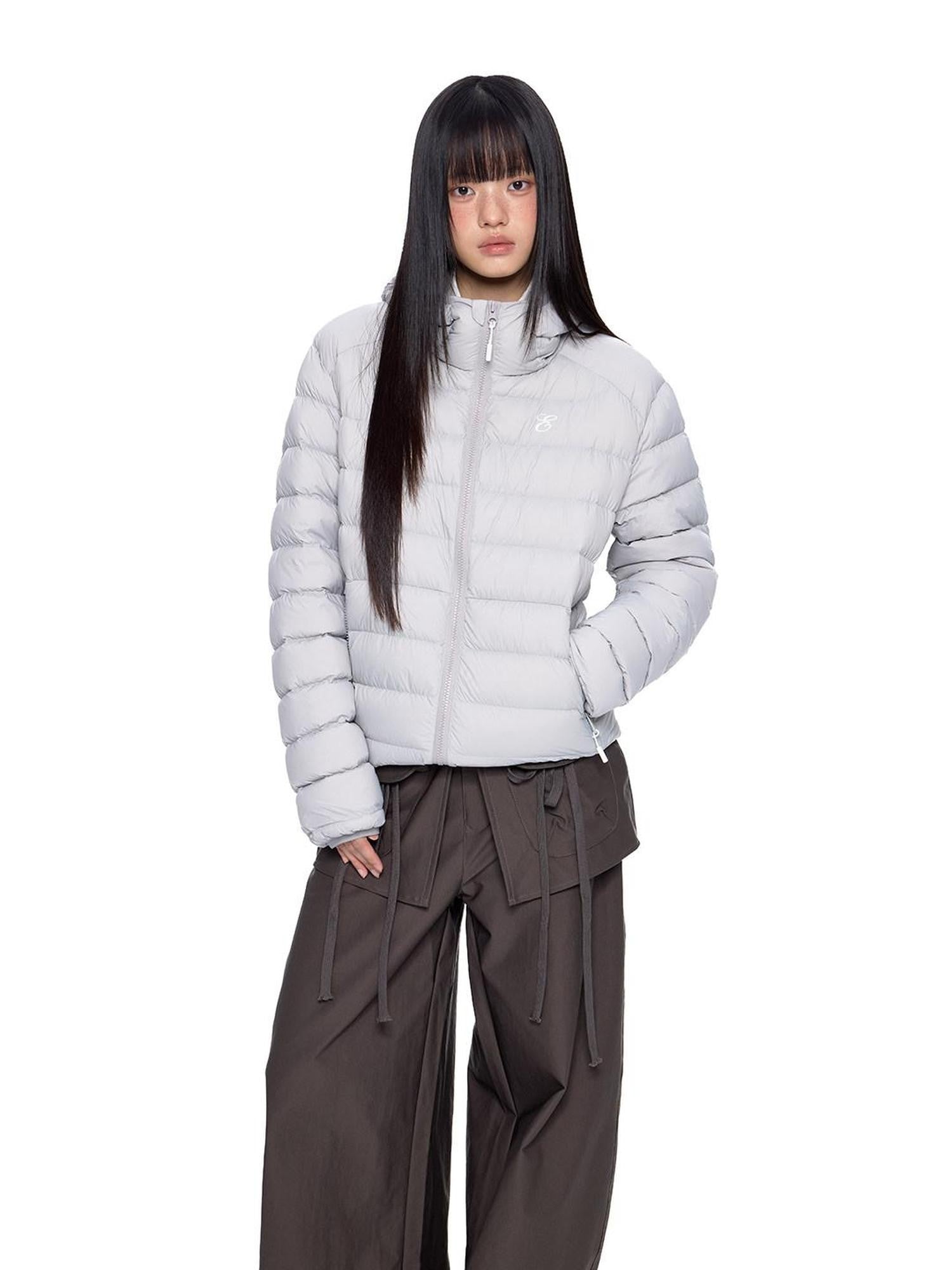 EZEK Gray Rib Print Hooded Loose Pockets Women's Nylon White Duck Down Jackets
