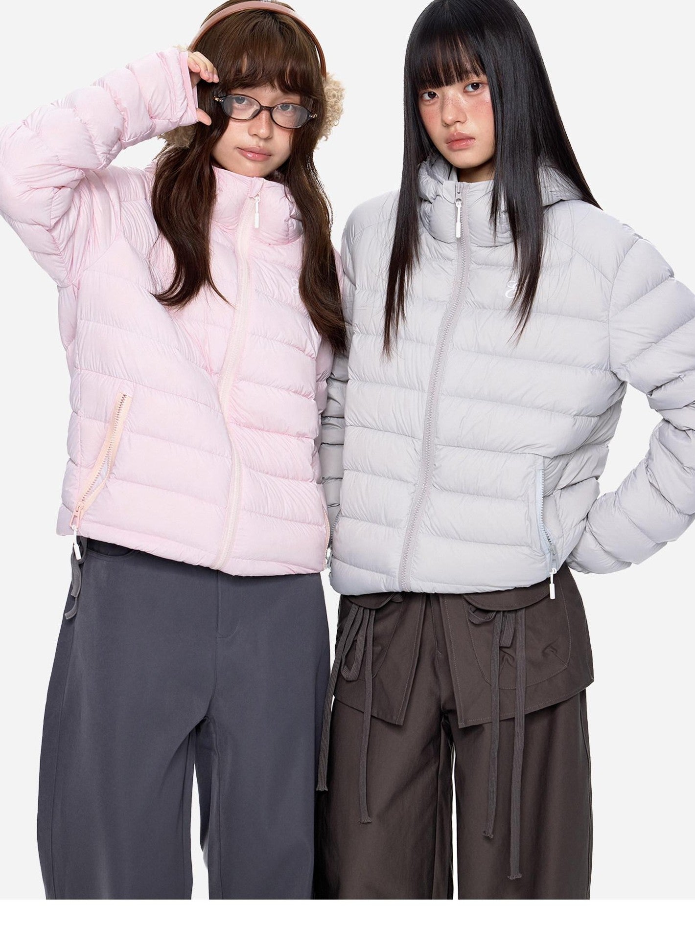 EZEK Gray Rib Print Hooded Loose Pockets Women's Nylon White Duck Down Jackets