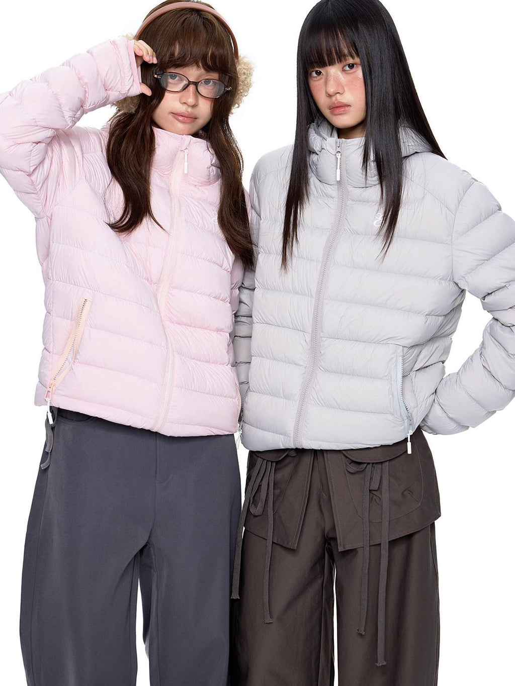 EZEK Gray Rib Print Hooded Loose Pockets Women's Nylon White Duck Down Jackets