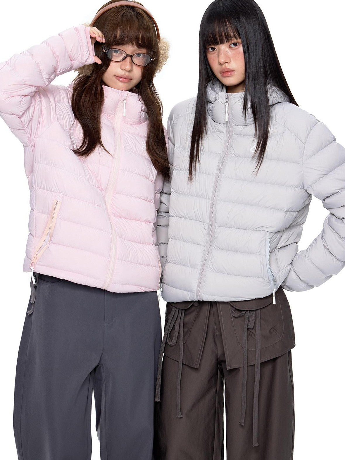 EZEK Gray Rib Print Hooded Loose Pockets Women's Nylon White Duck Down Jackets