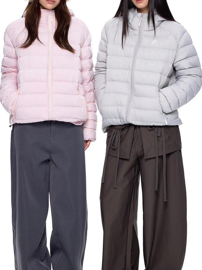 EZEK Gray Rib Print Hooded Loose Pockets Women's Nylon White Duck Down Jackets