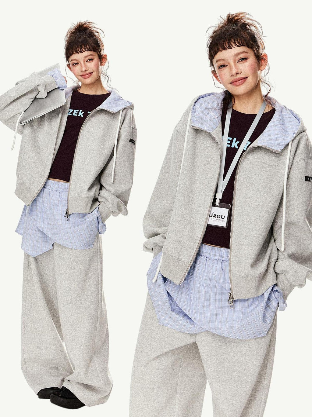 EZEK Grey Colorblock Hooded Zip Loose Fit Women's Cotton Blend Tracksuit Sets