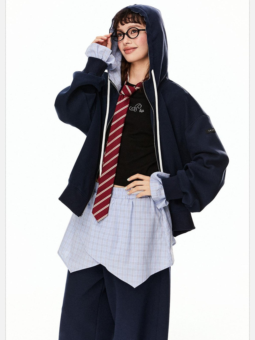 EZEK Grey Colorblock Hooded Zip Loose Fit Women's Cotton Blend Tracksuit Sets
