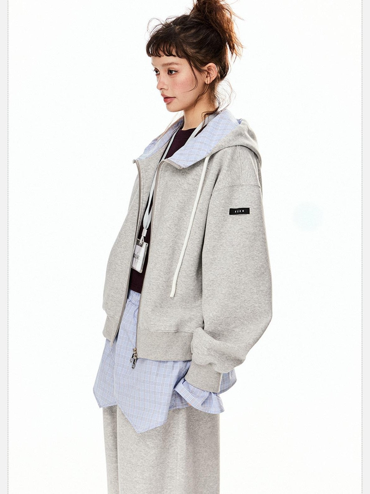 EZEK Grey Colorblock Hooded Zip Loose Fit Women's Cotton Blend Tracksuit Sets