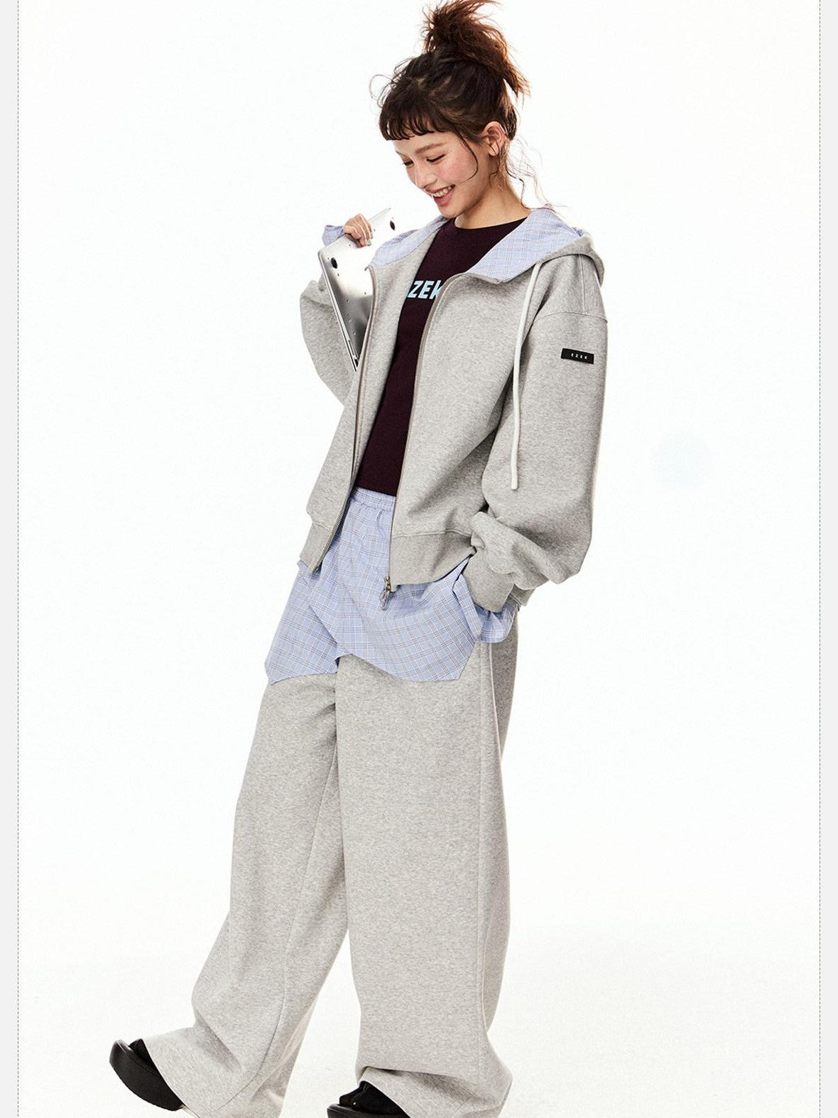 EZEK Grey Colorblock Hooded Zip Loose Fit Women's Cotton Blend Tracksuit Sets