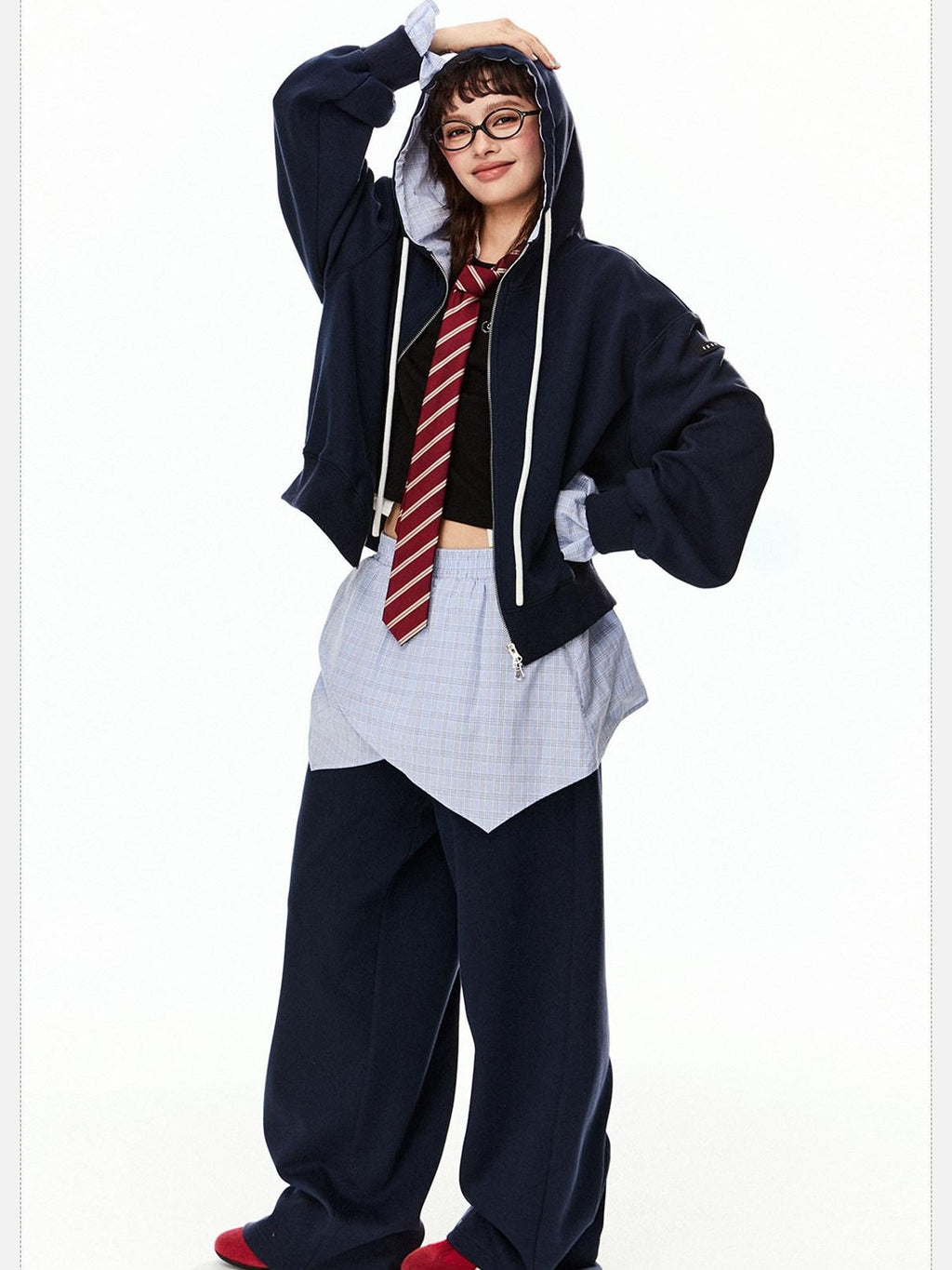 EZEK Grey Colorblock Hooded Zip Loose Fit Women's Cotton Blend Tracksuit Sets