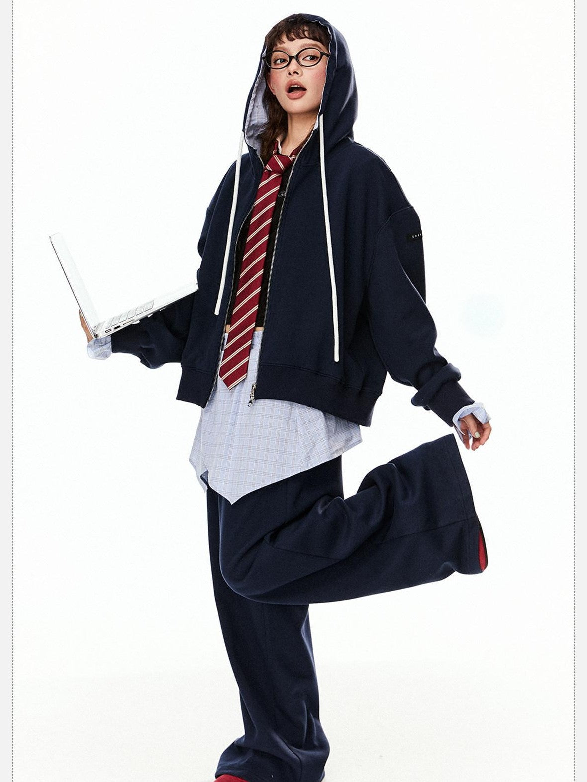 EZEK Grey Colorblock Hooded Zip Loose Fit Women's Cotton Blend Tracksuit Sets