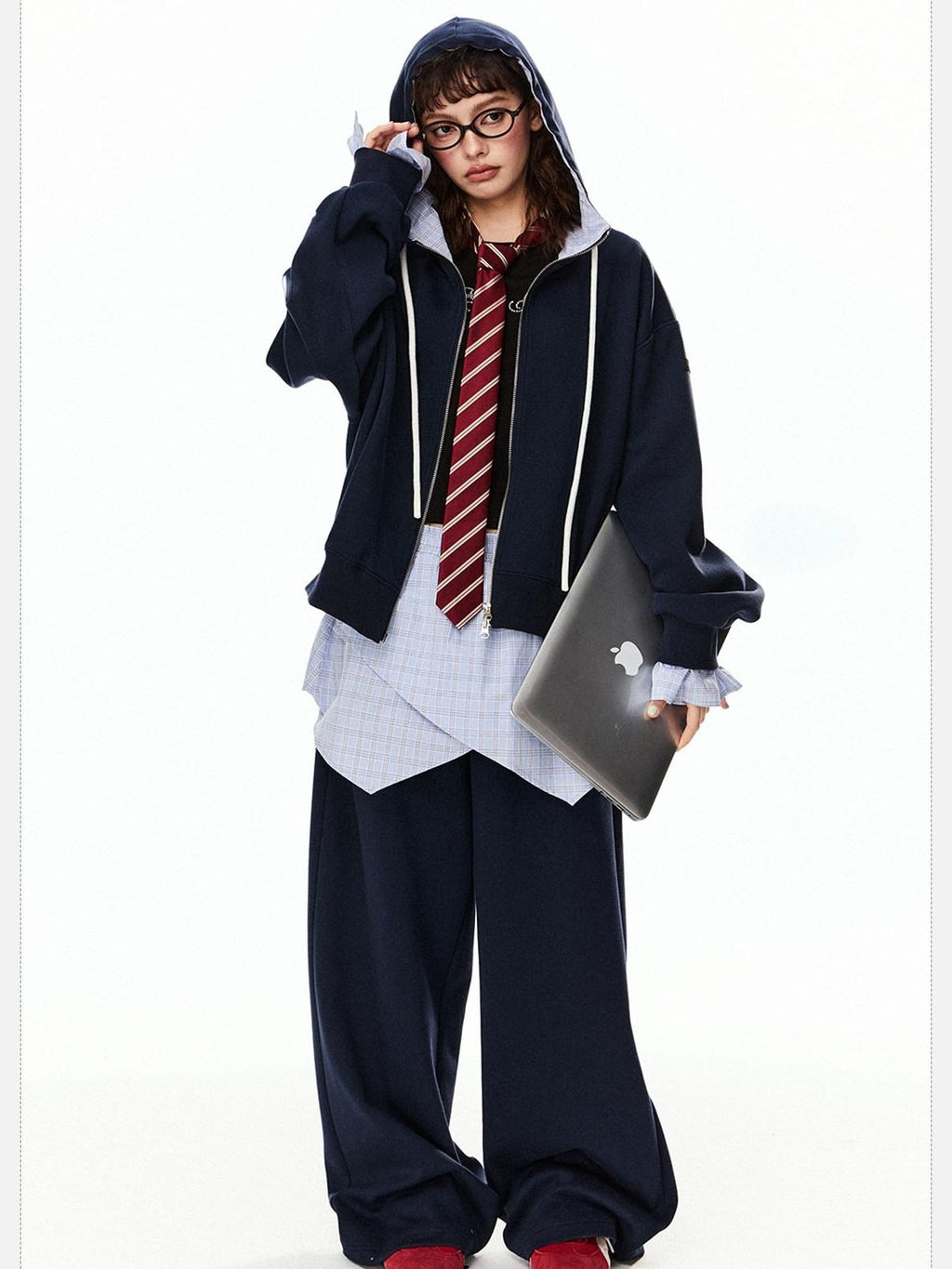 EZEK Grey Colorblock Hooded Zip Loose Fit Women's Cotton Blend Tracksuit Sets