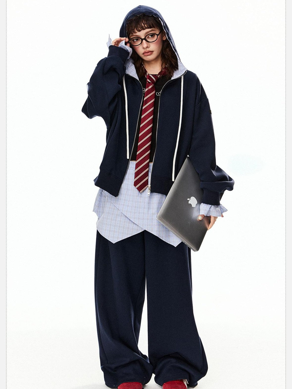EZEK Grey Colorblock Hooded Zip Loose Fit Women's Cotton Blend Tracksuit Sets