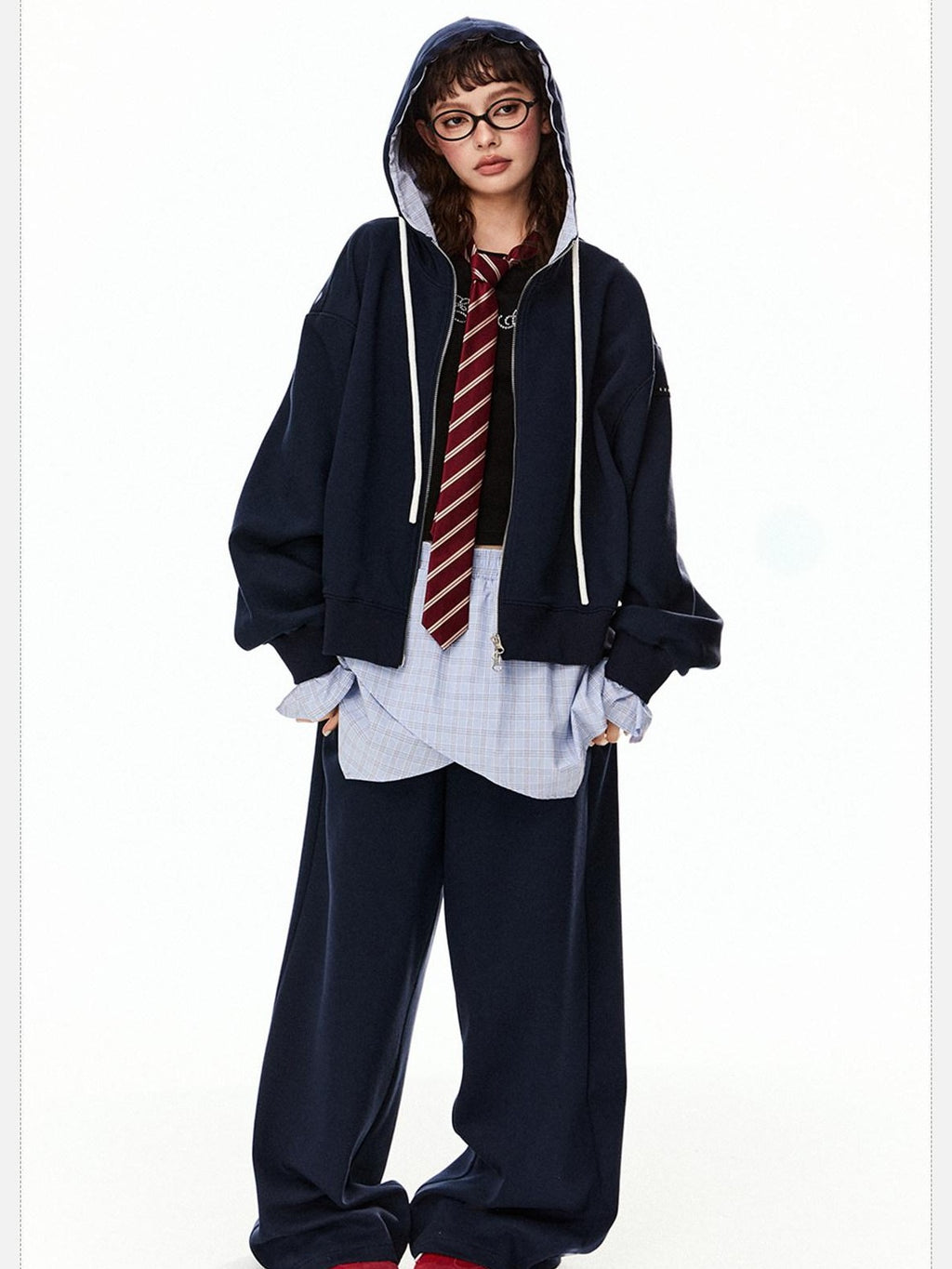 EZEK Grey Colorblock Hooded Zip Loose Fit Women's Cotton Blend Tracksuit Sets