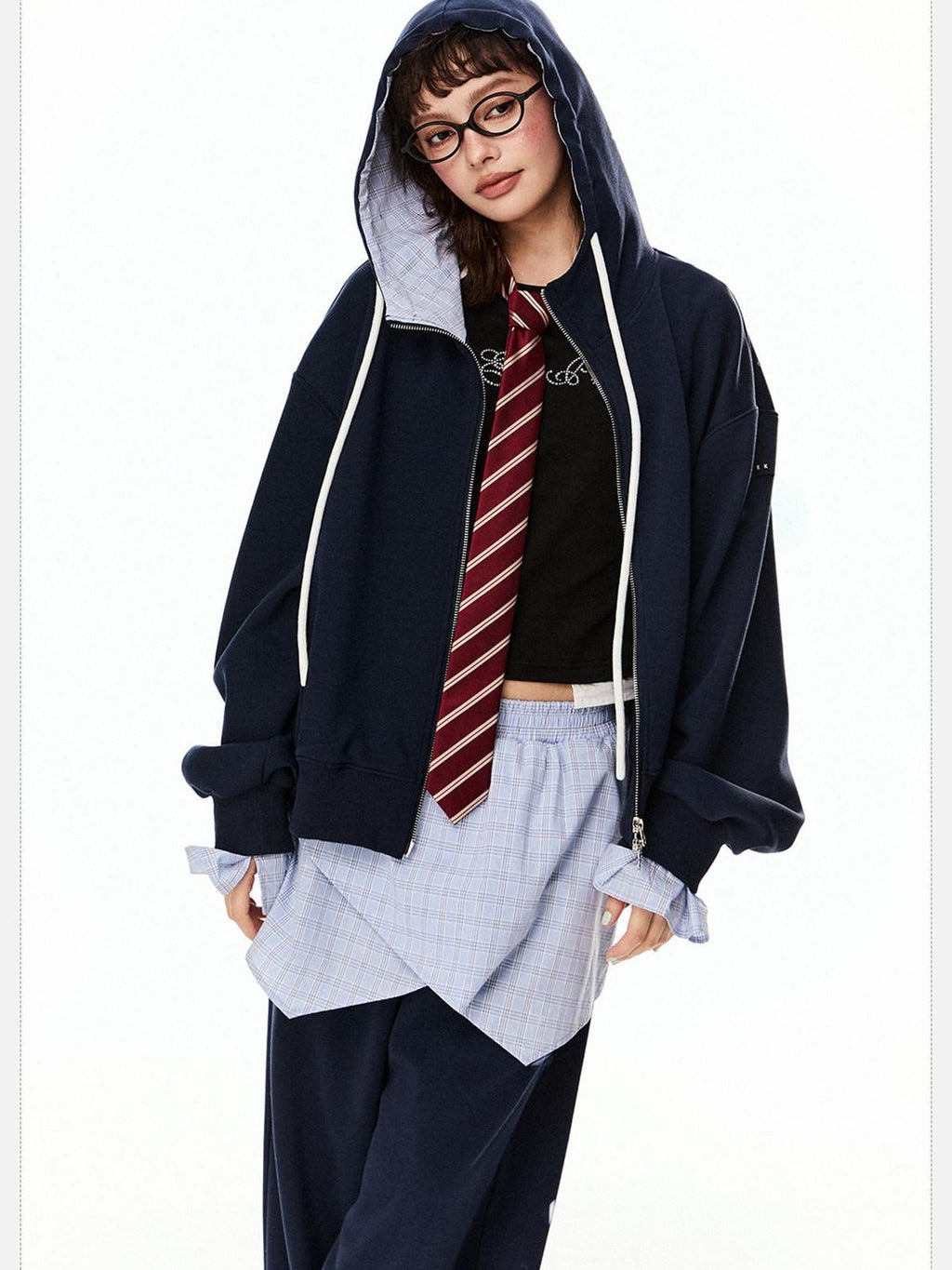EZEK Grey Colorblock Hooded Zip Loose Fit Women's Cotton Blend Tracksuit Sets
