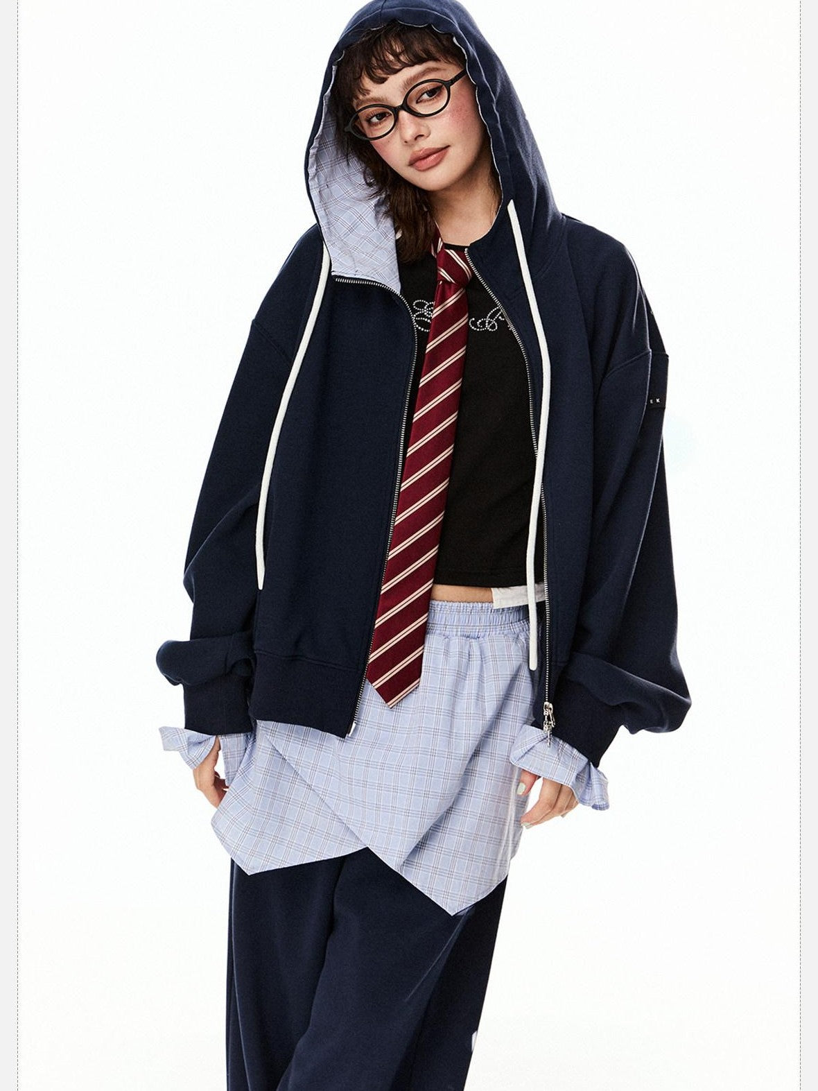 EZEK Grey Colorblock Hooded Zip Loose Fit Women's Cotton Blend Tracksuit Sets
