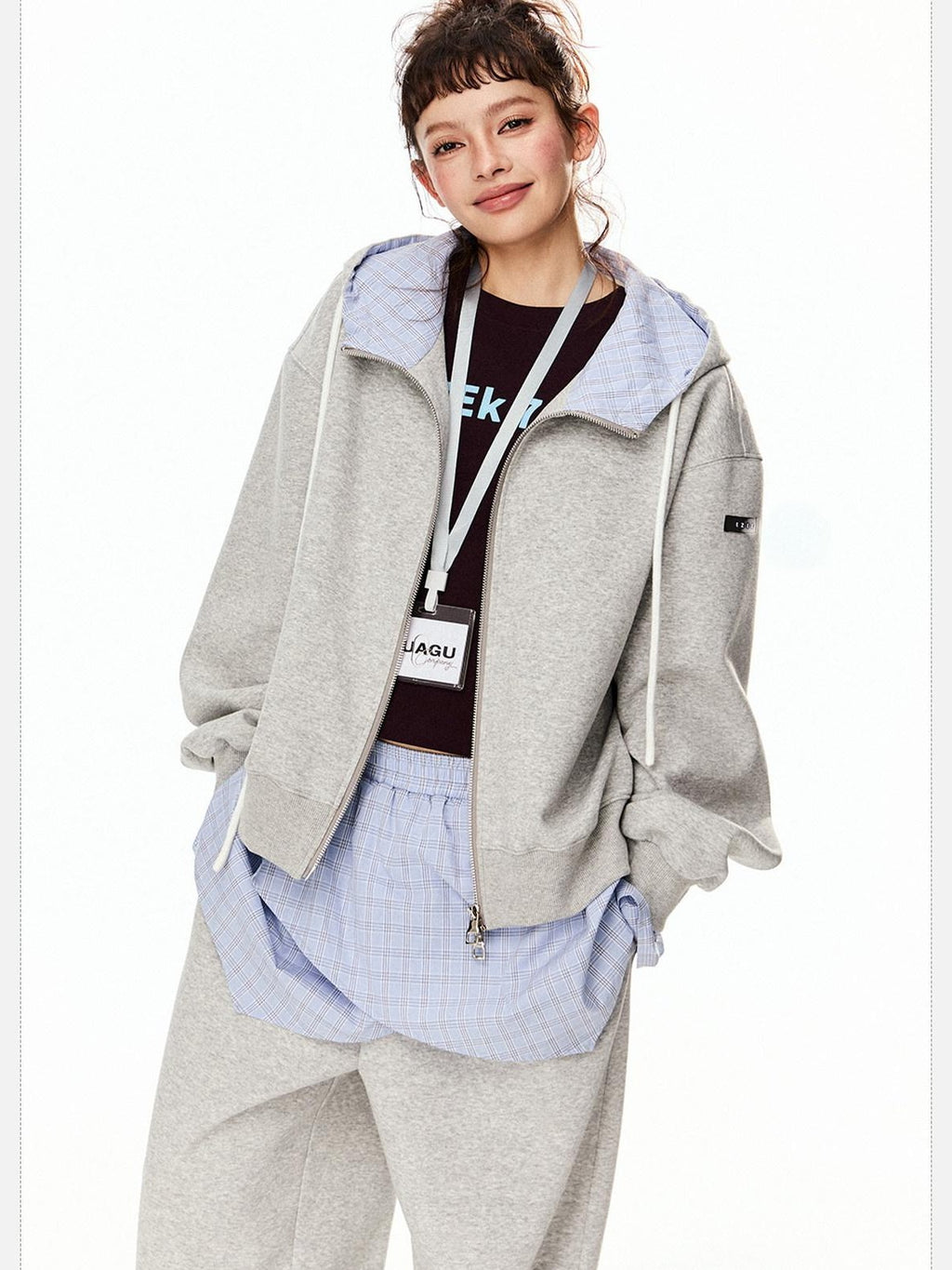 EZEK Grey Colorblock Hooded Zip Loose Fit Women's Cotton Blend Tracksuit Sets