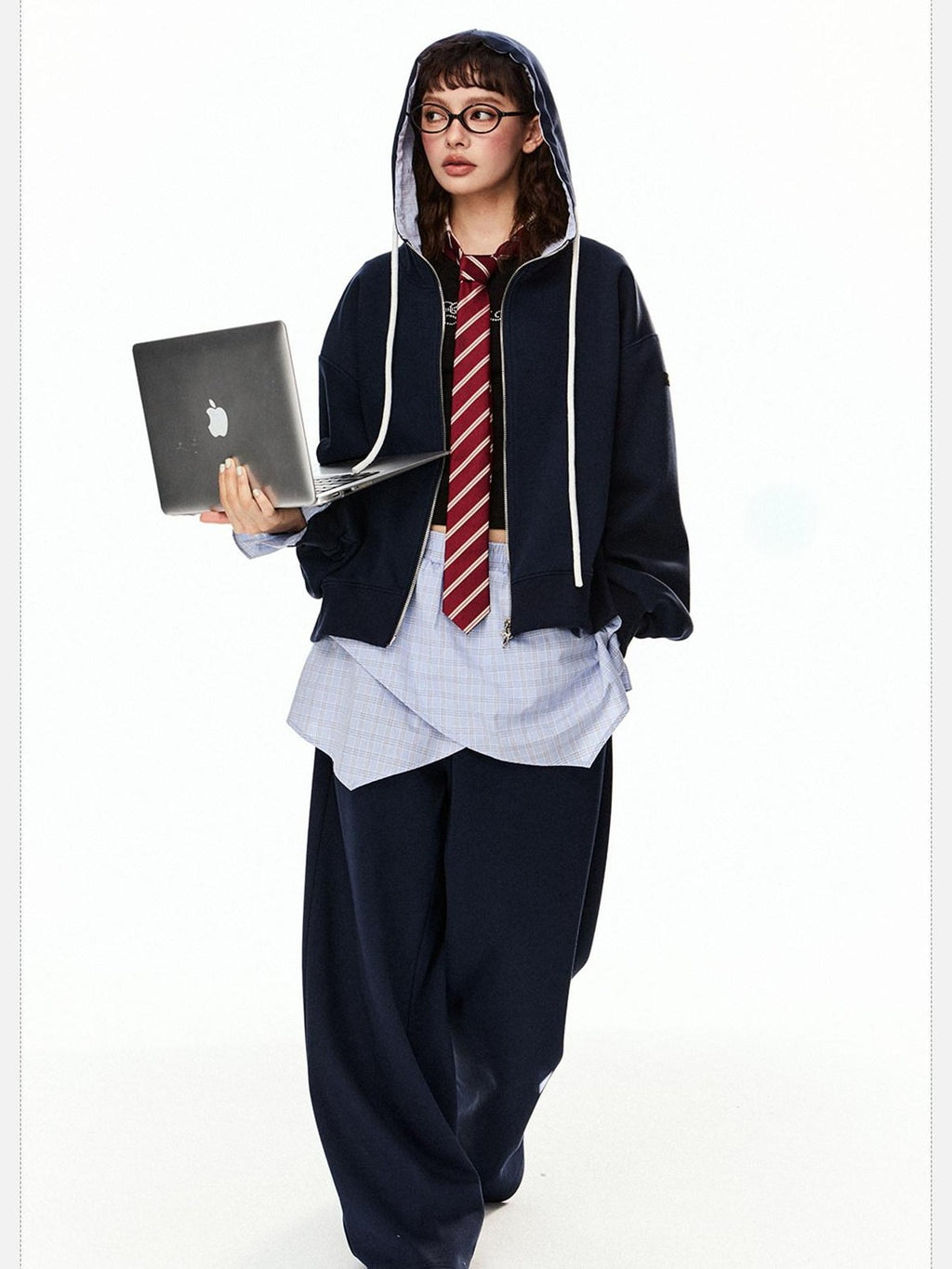 EZEK Grey Colorblock Hooded Zip Loose Fit Women's Cotton Blend Tracksuit Sets