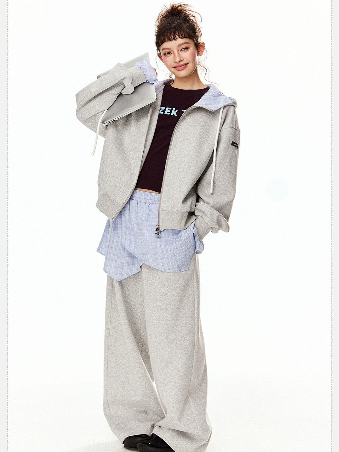 EZEK Grey Colorblock Hooded Zip Loose Fit Women's Cotton Blend Tracksuit Sets