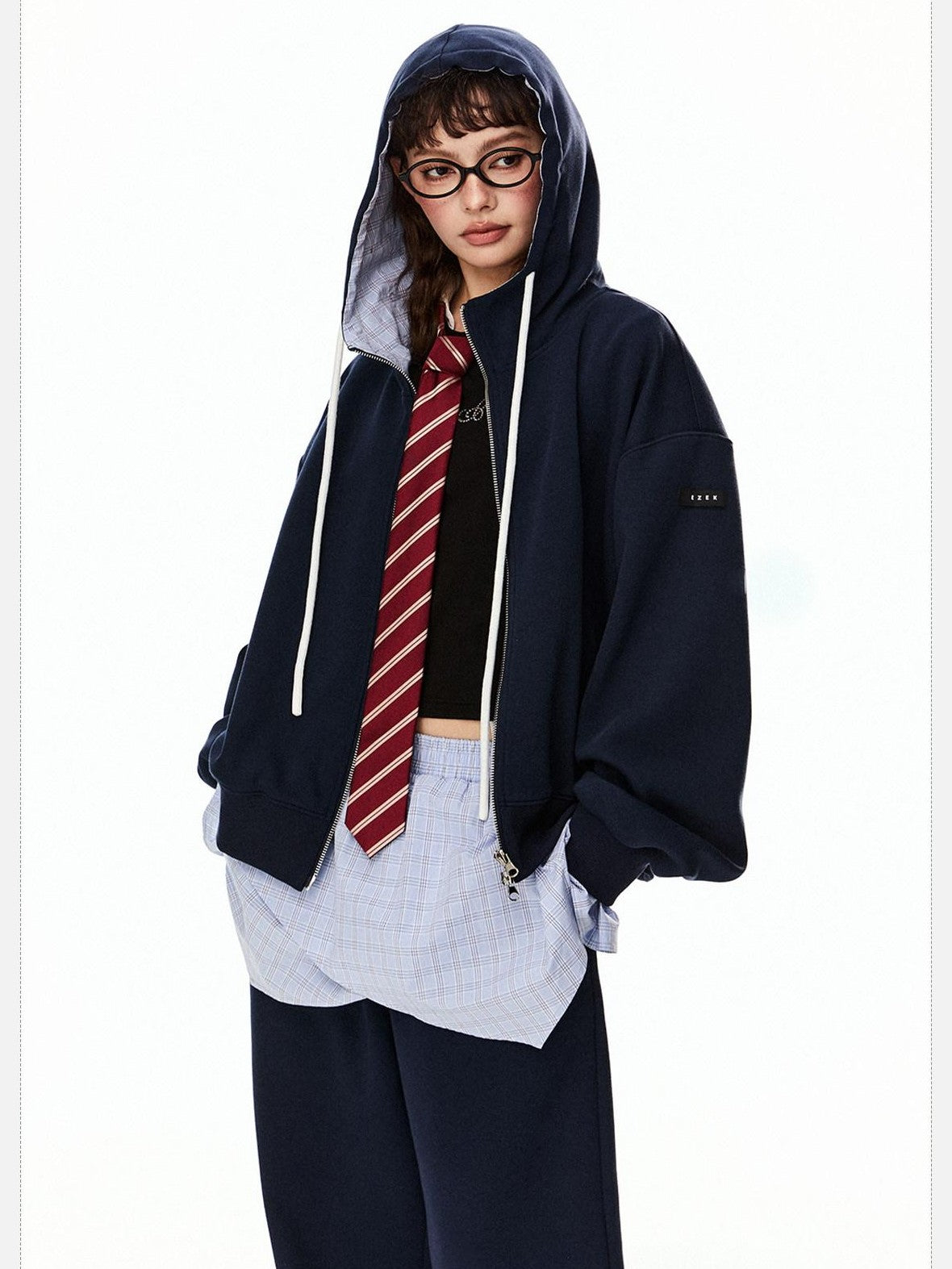 EZEK Grey Colorblock Hooded Zip Loose Fit Women's Cotton Blend Tracksuit Sets