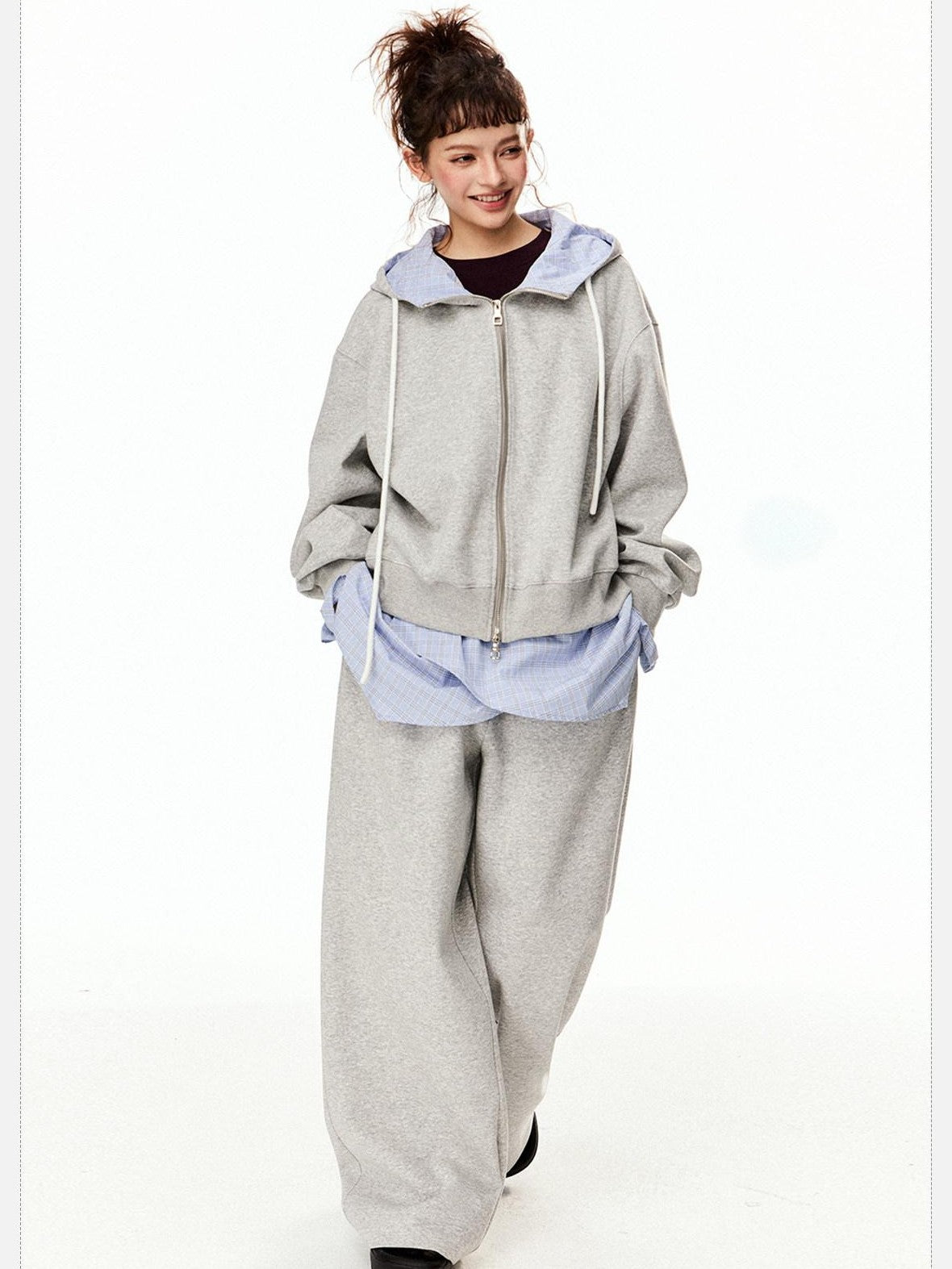 EZEK Grey Colorblock Hooded Zip Loose Fit Women's Cotton Blend Tracksuit Sets